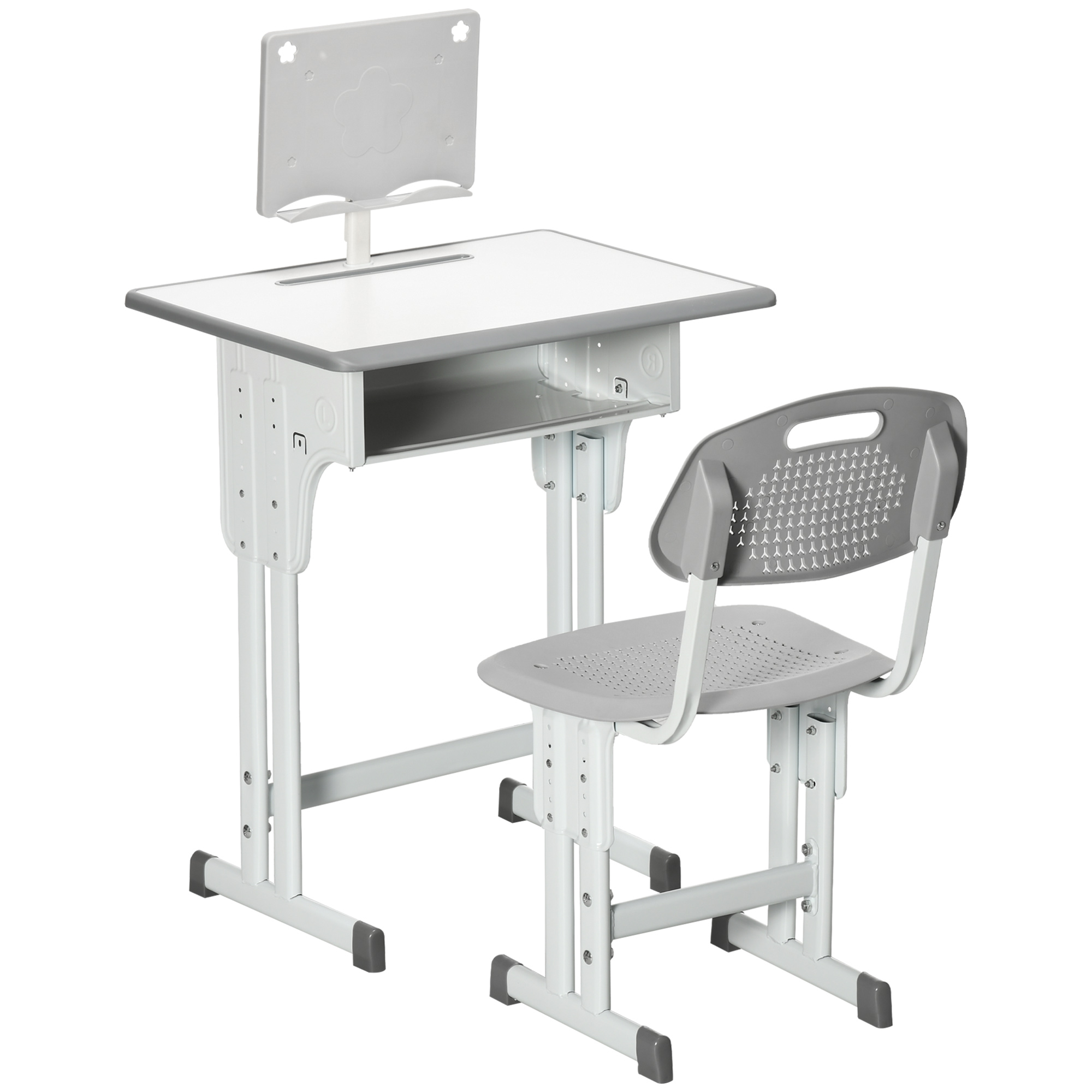 Kids Desk and Chair Set, Height Adjustable Study Table Set with Storage Drawer, Book Stand, Cup Holder, Pen Slot, Grey - Life Essentials
