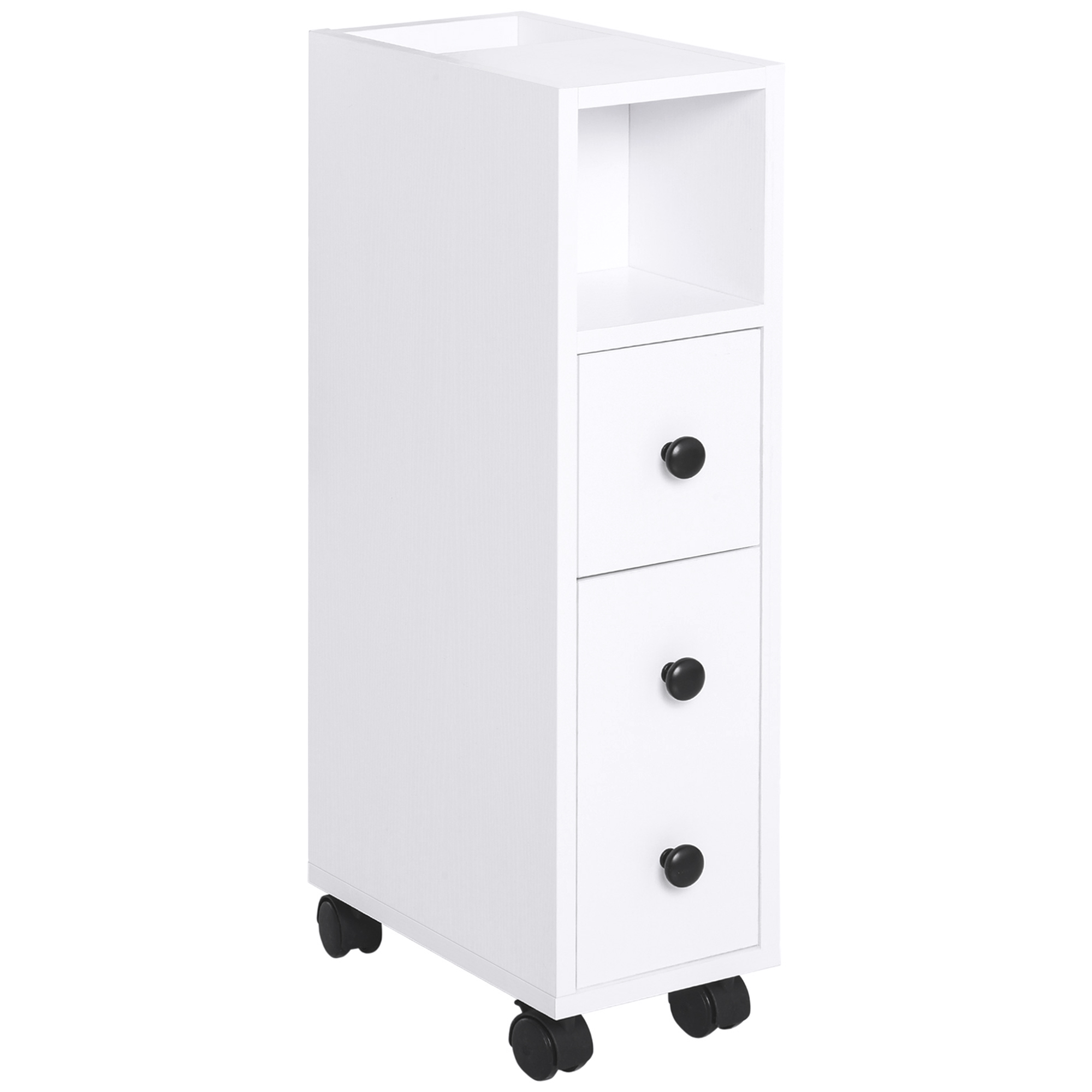 Slimline Bathroom Storage Unit w/ 2 Drawers 2 Open Compartments Wheels Handles Freestanding Compact Home Office Furniture White - Life Essentials