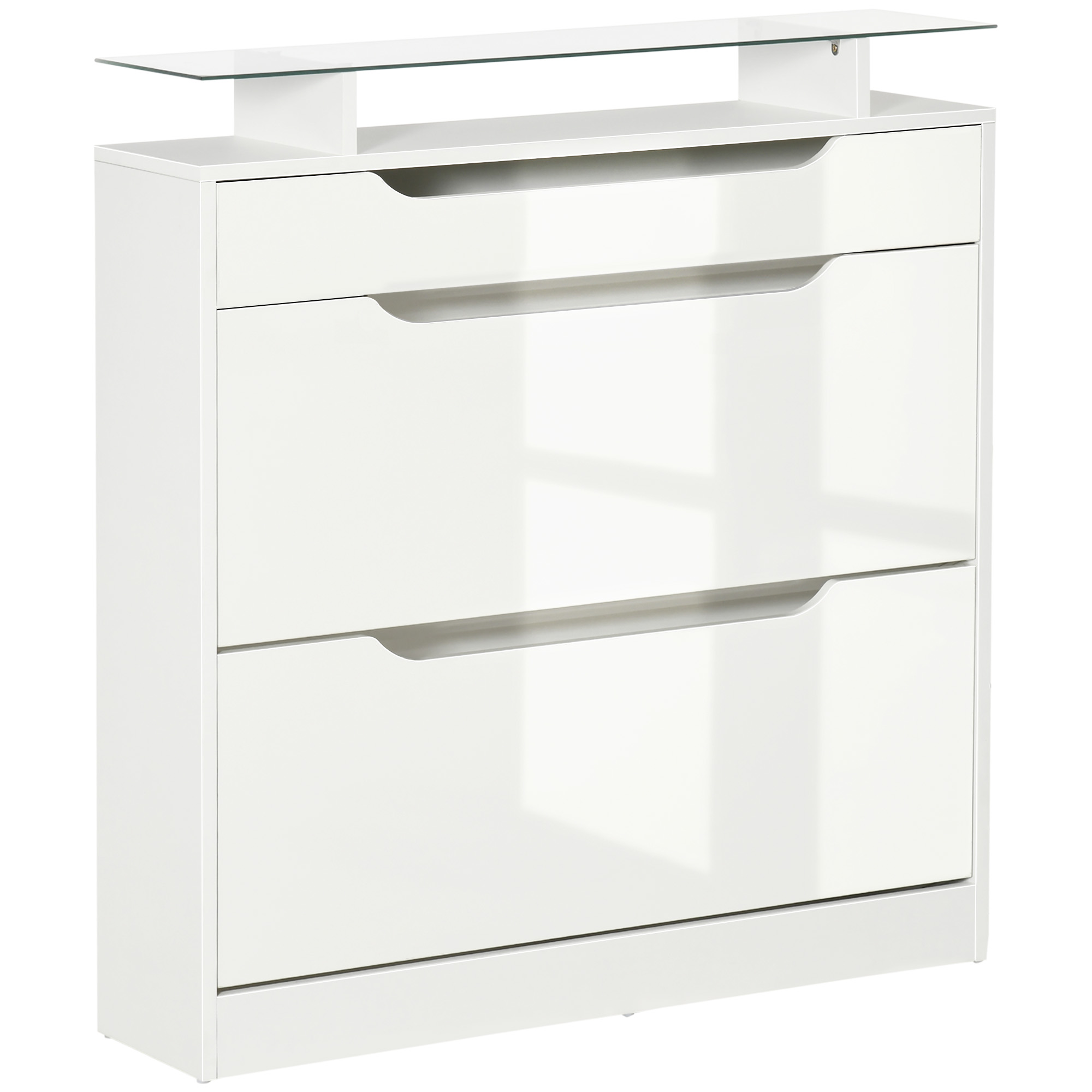 Shoe Cabinet with 3 Drawers High Gloss Storage Cupboard Tipping Bucket with Flip Door Glass Top Adjustable Shelf Large-Capacity for 16 Pairs - Life 