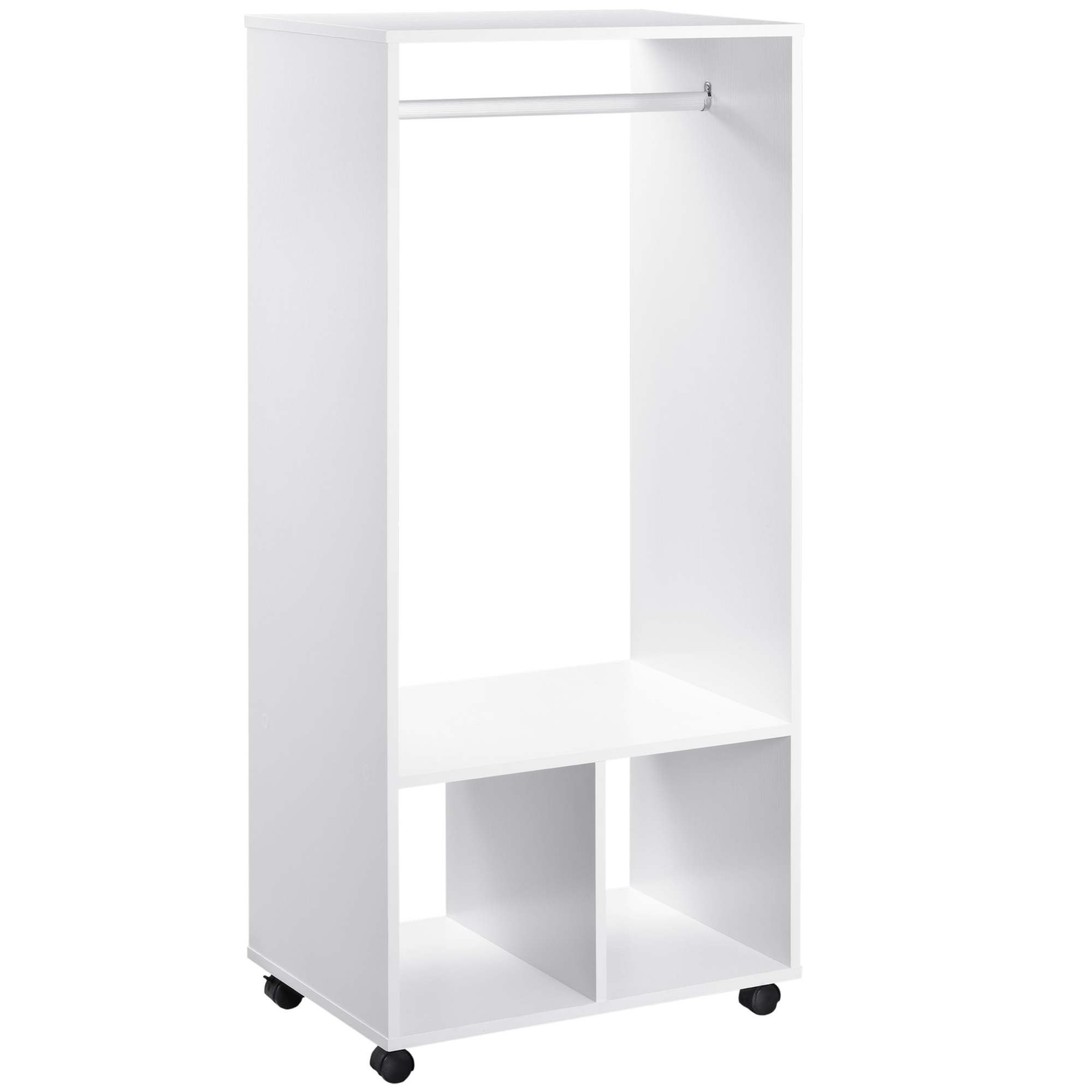Open Wardrobe with Hanging Rod and Storage Shelves Mobile Garment Rack on Wheels - White - Life Essentials