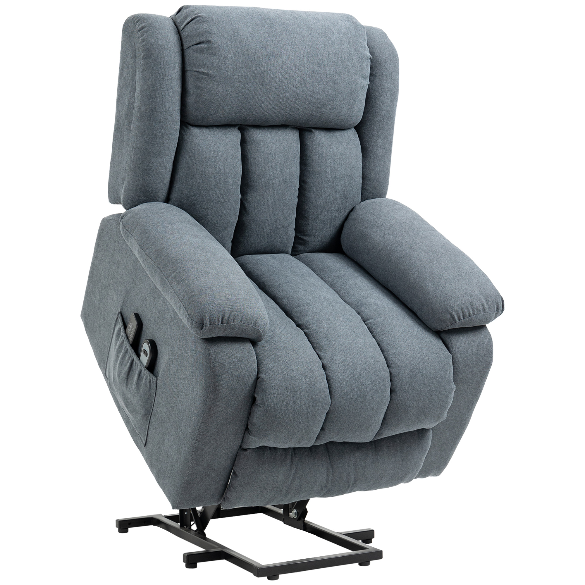 Heavy Duty Fabric Upholstered Riser and Recliner Chairs with Remote Control, Side Pocket - Dark Grey - Life Essentials