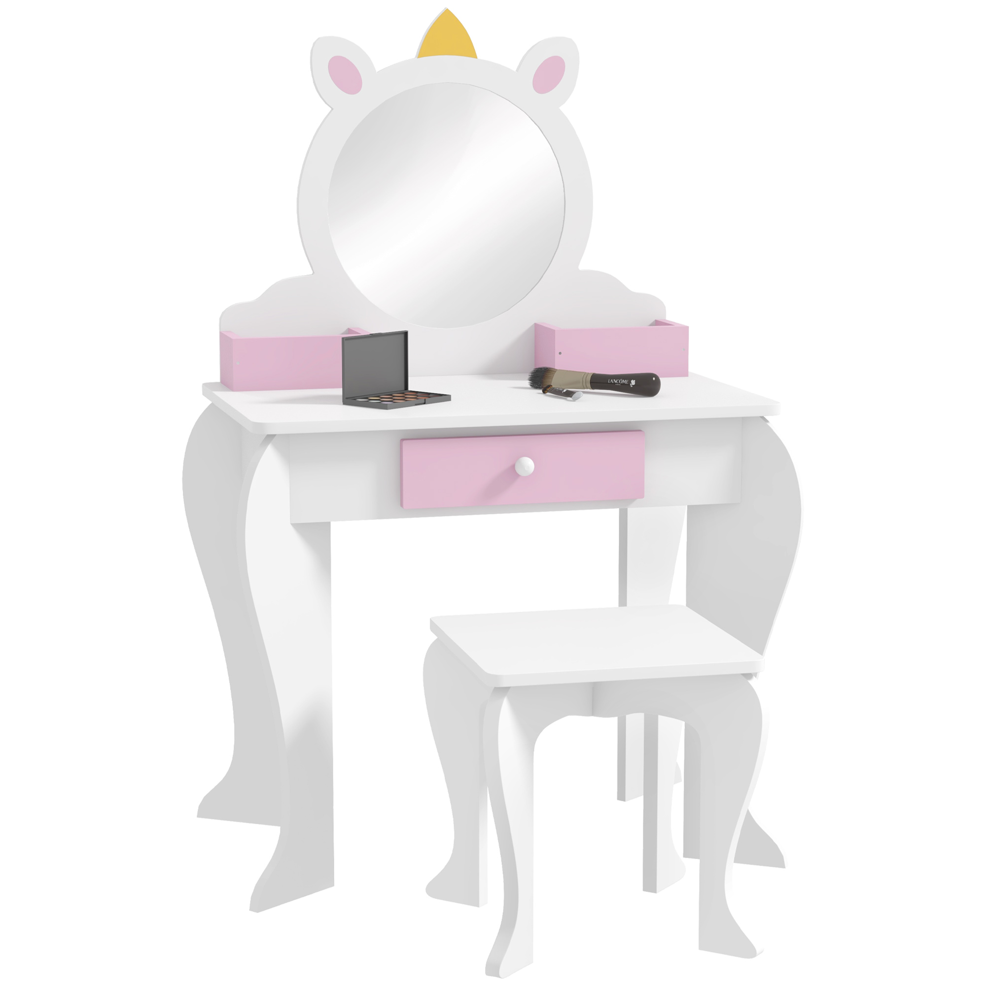 ZONEKIZ Unicorn-Design Kids Dressing Table, with Mirror and Stool - White - Life Essentials