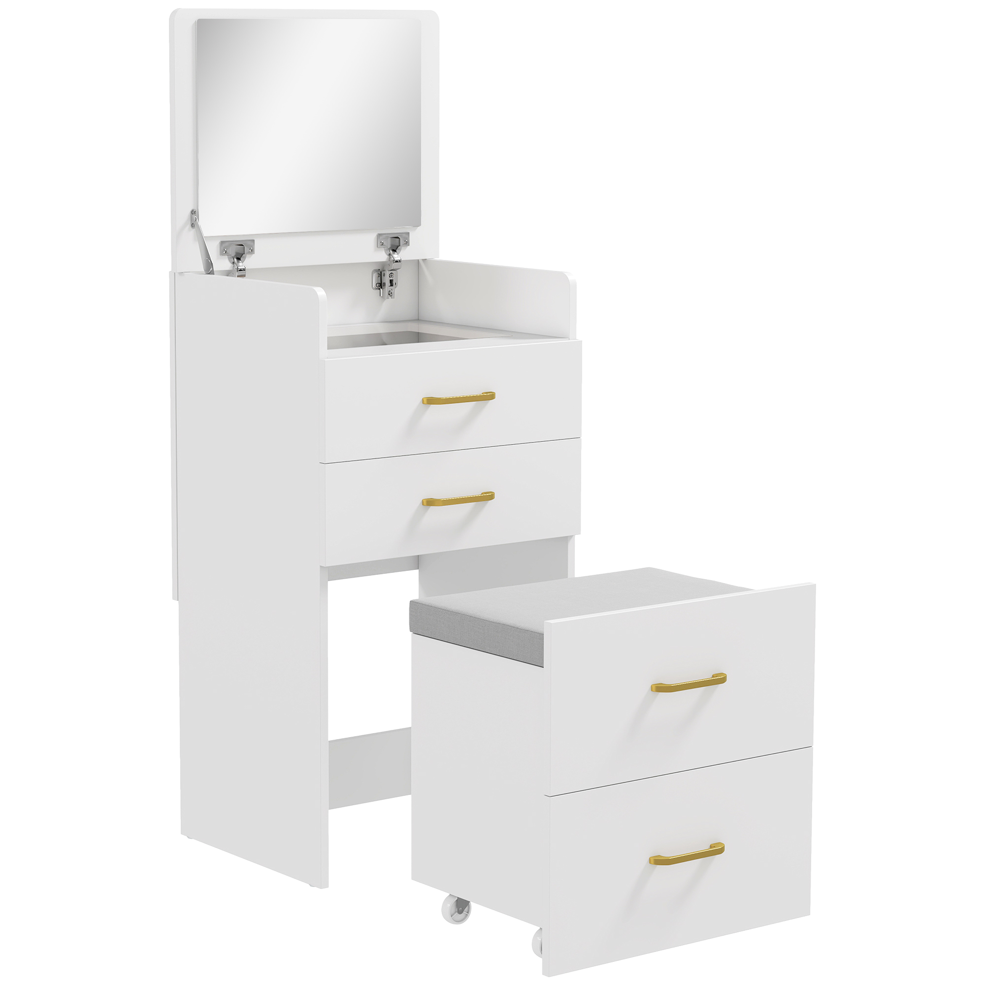 HERON 3 in 1 Dressing Table Flip top Mirror Rolling Stool Vanity Desk - White - Life Essentials