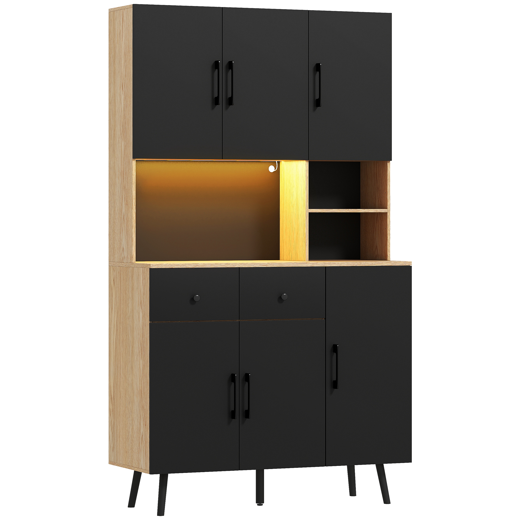 HERON 176 cm Kitchen Cupboard with LED Lights - Oak and Black - Life Essentials