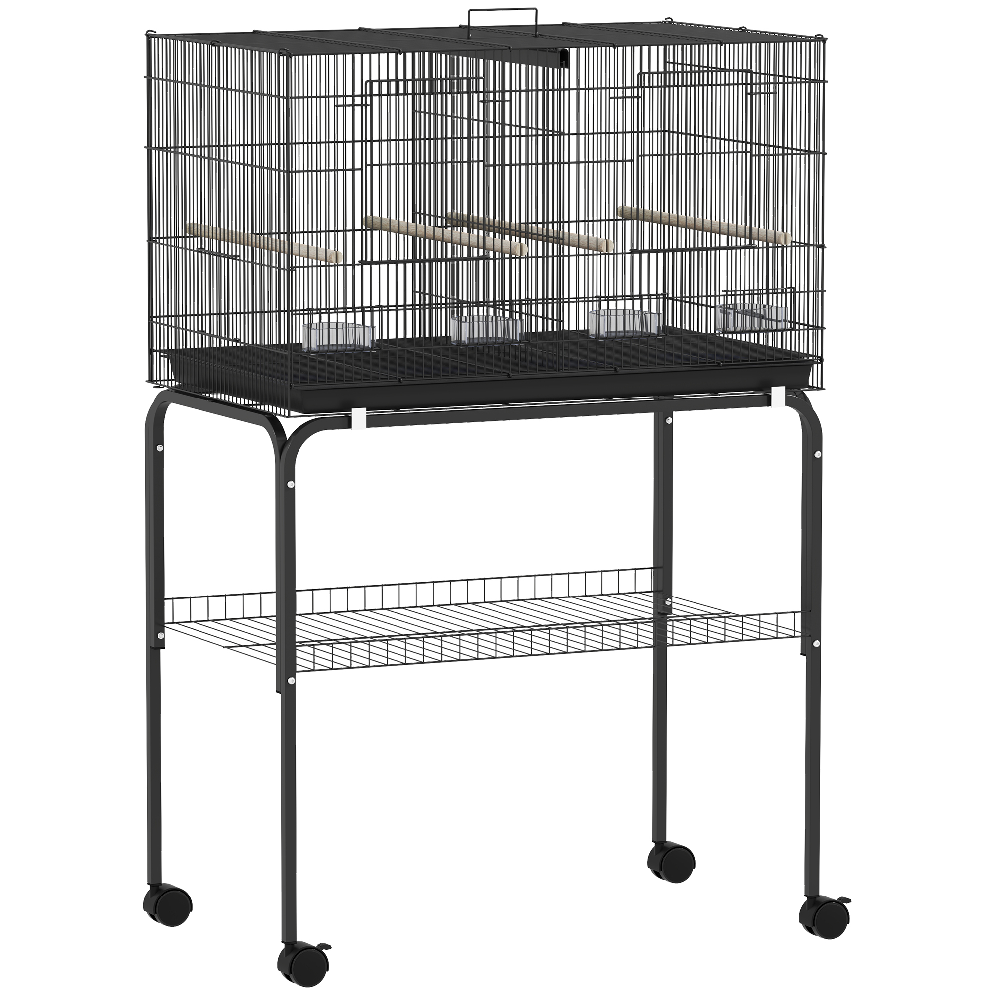 PAWSTER Bird Cage with Divider 4 Wood Perches Slide Out Tray 4 Feeders - Black - Life Essentials