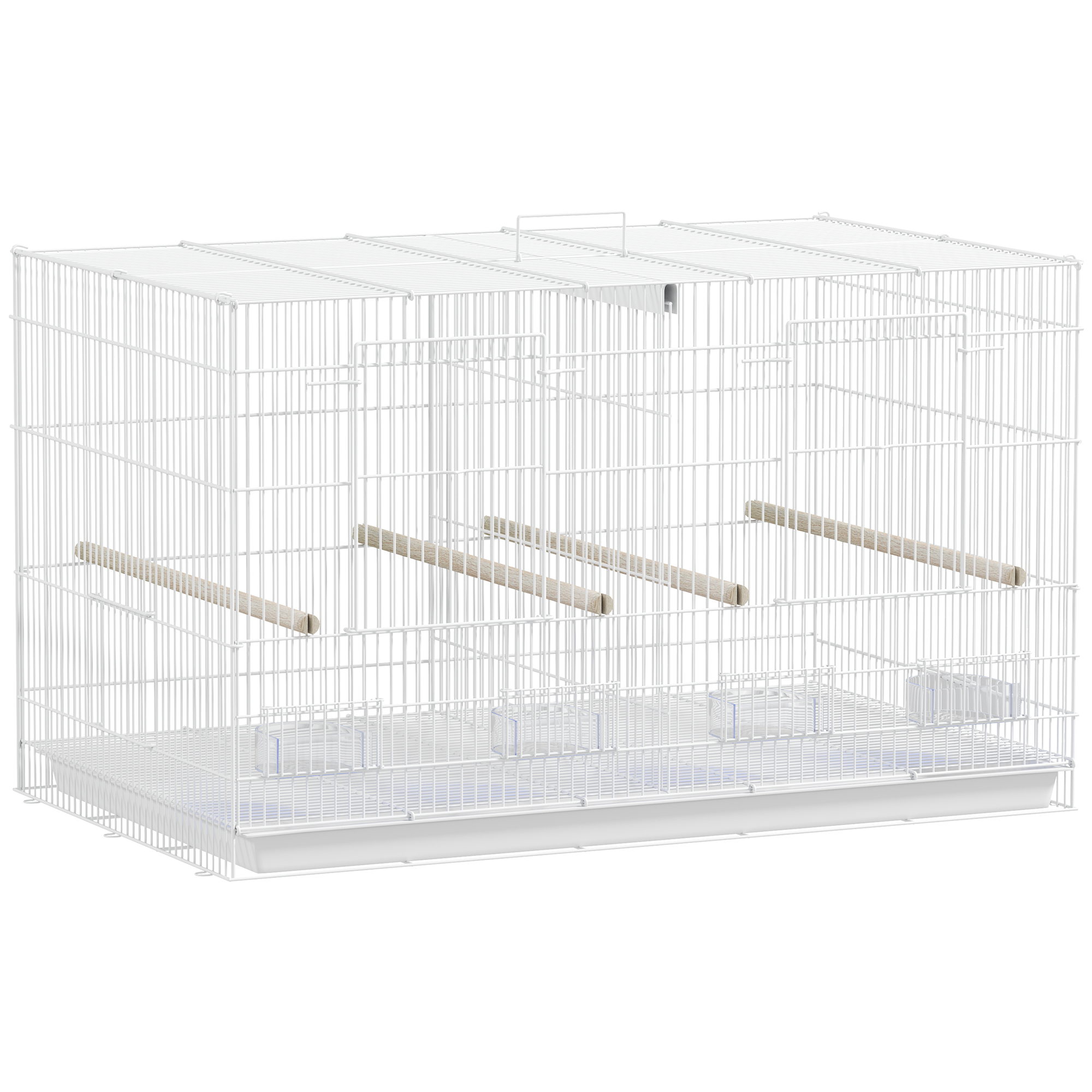 PAWSTER Bird Cage with Divider 4 Wood Perches Slide Out Tray 4 Feeders 76 x 46 x 46cm - White - Life Essentials