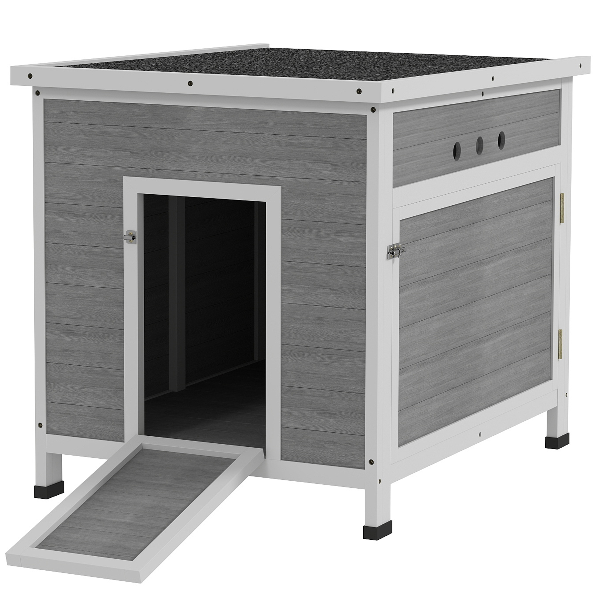 PAWSTER Wooden Duck House with Ramp, Double Doors, Asphalt Roof, Ventilation & Removable Base - Light Grey - Life Essentials