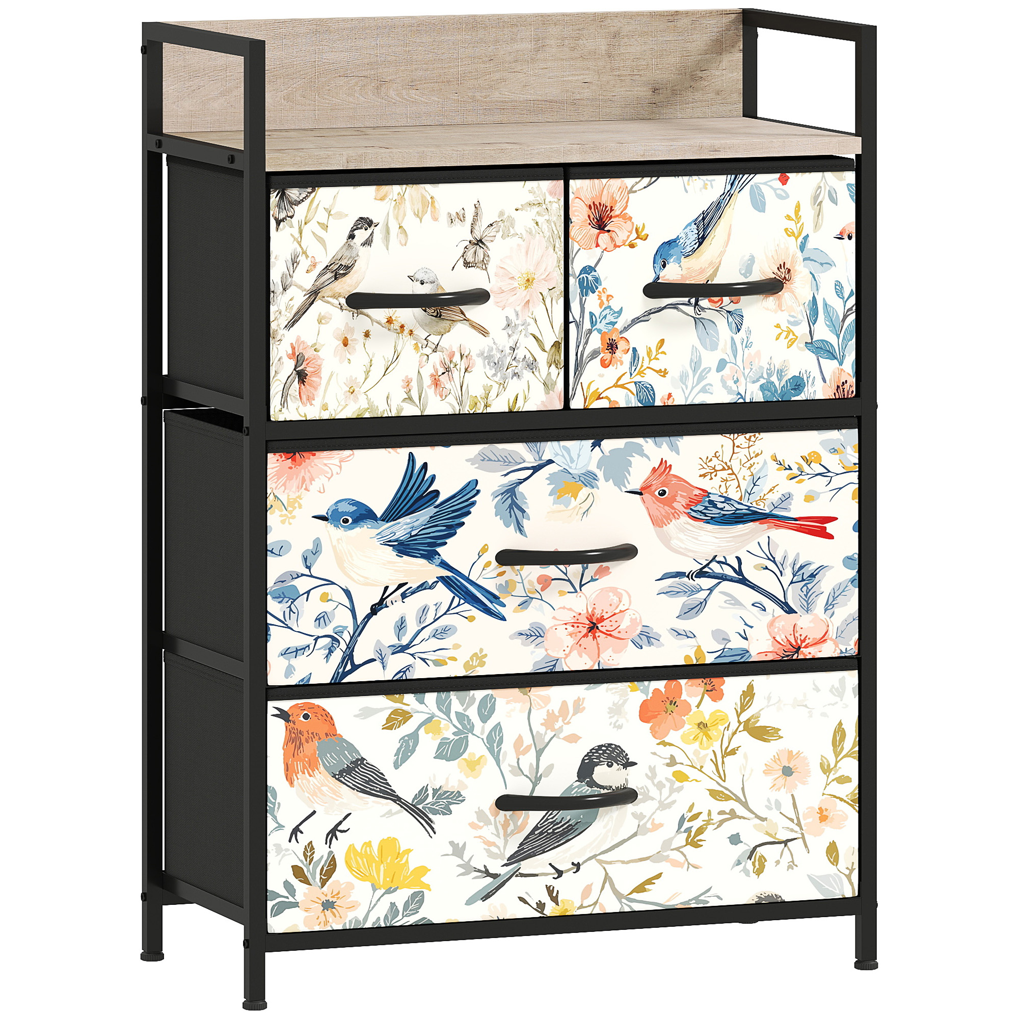 DWELVA Multi Colour Chest of Drawers - Medium-sized, 4 Drawers, Fabric Drawers - Bird Print - Life Essentials
