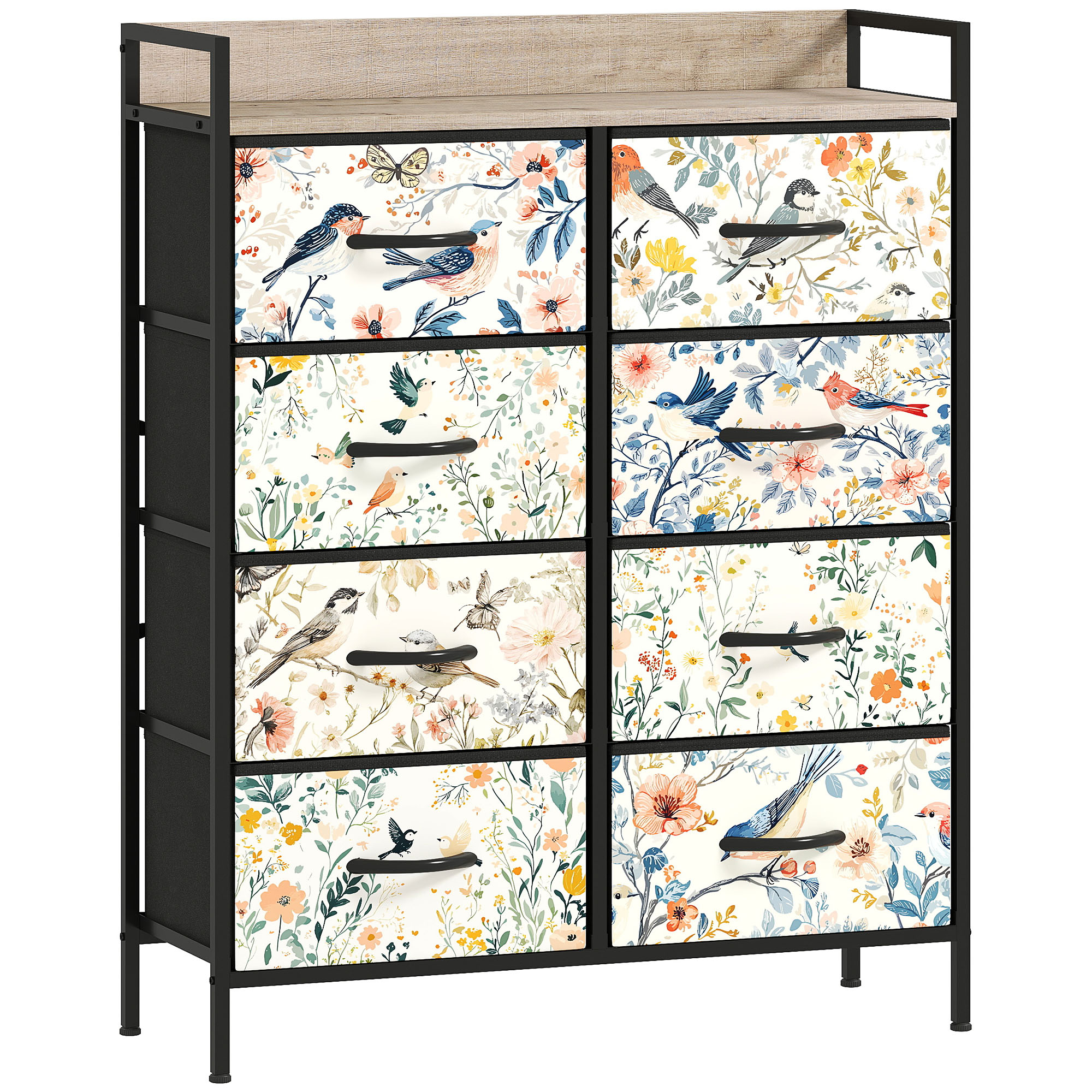 DWELVA Multi Colour Chest of Drawers - Medium-sized, 8 Drawers, Double, Fabric Drawers - Bird Print - Life Essentials
