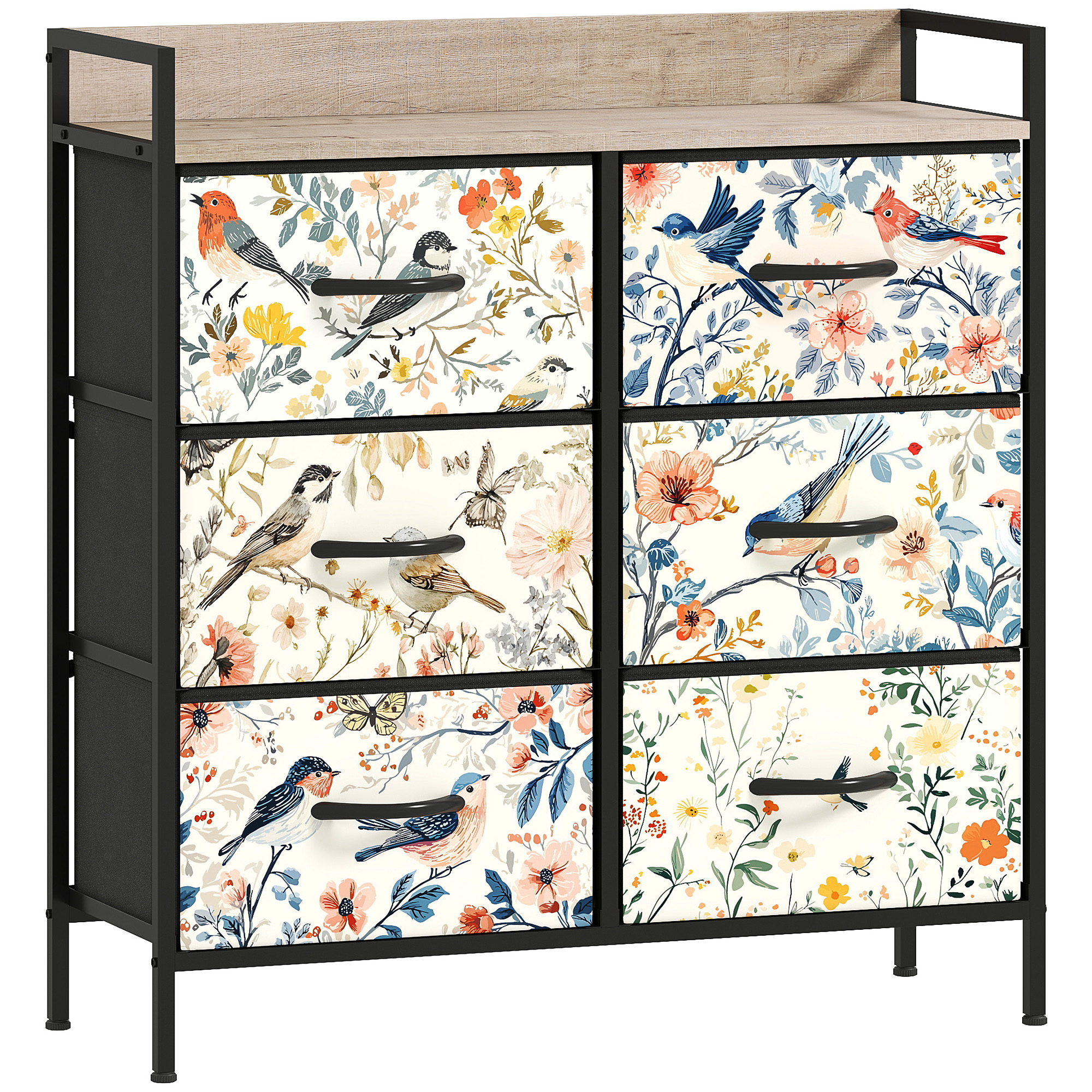 DWELVA Multi Colour Chest of Drawers - Medium-sized, 6 Drawers, Double, Fabric Drawers - Bird Print