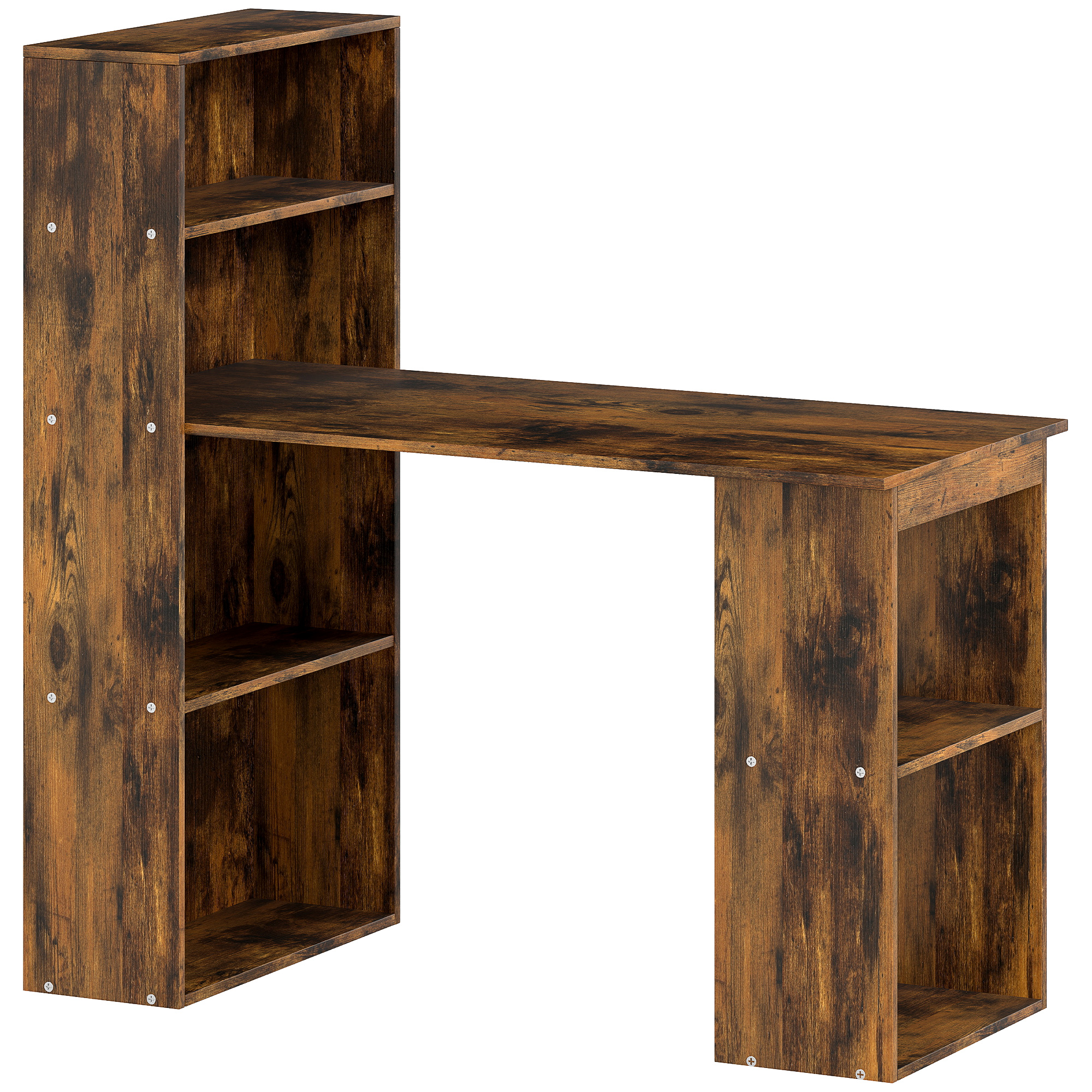 HERON 120cm Computer Desk Wooden PC Table 6 Tier Storage Bookshelves - Rustic Brown - Life Essentials