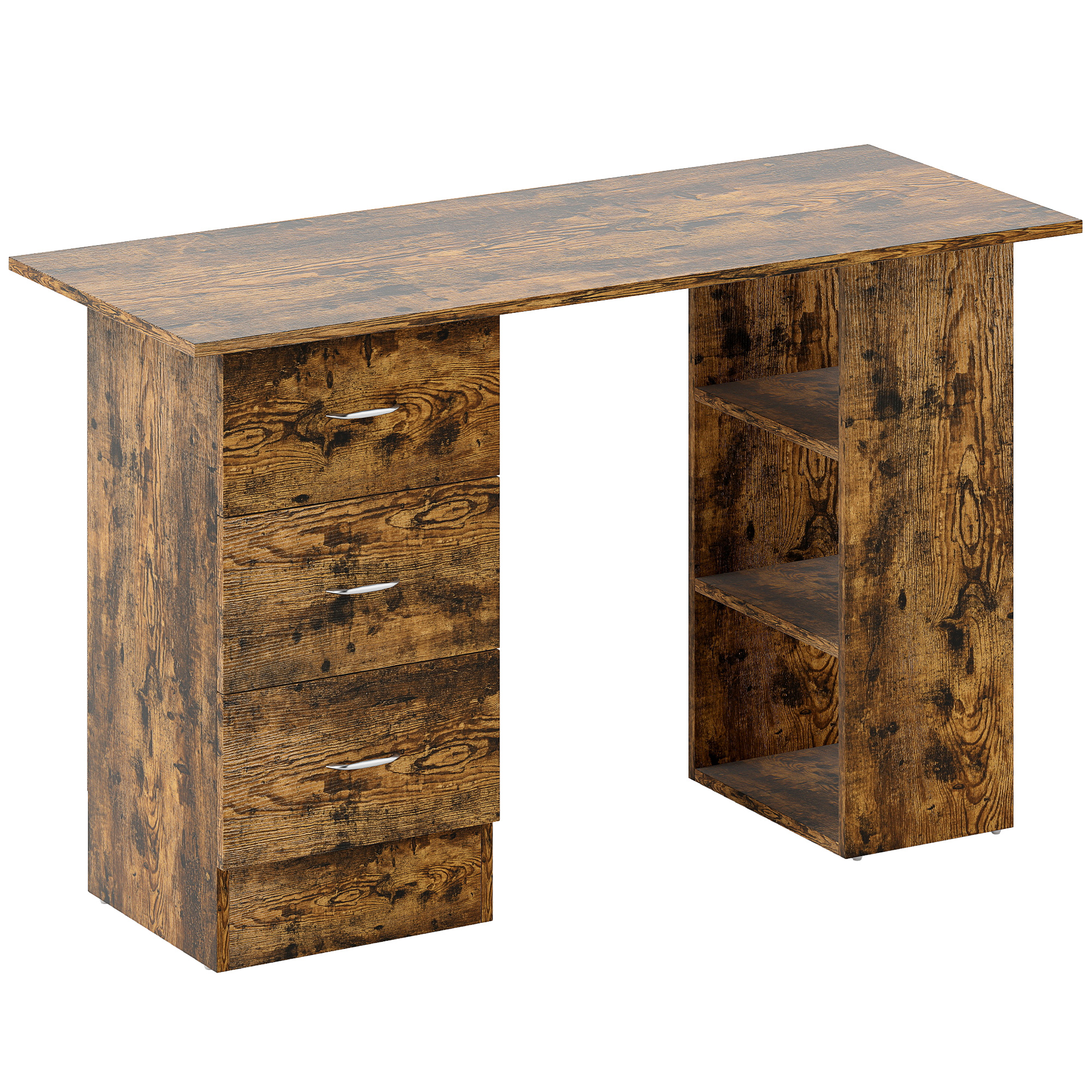 HERON Computer Desk Writing Table PC Workstation 3 Storage Shelves Drawers - Rustic Brown - Life Essentials