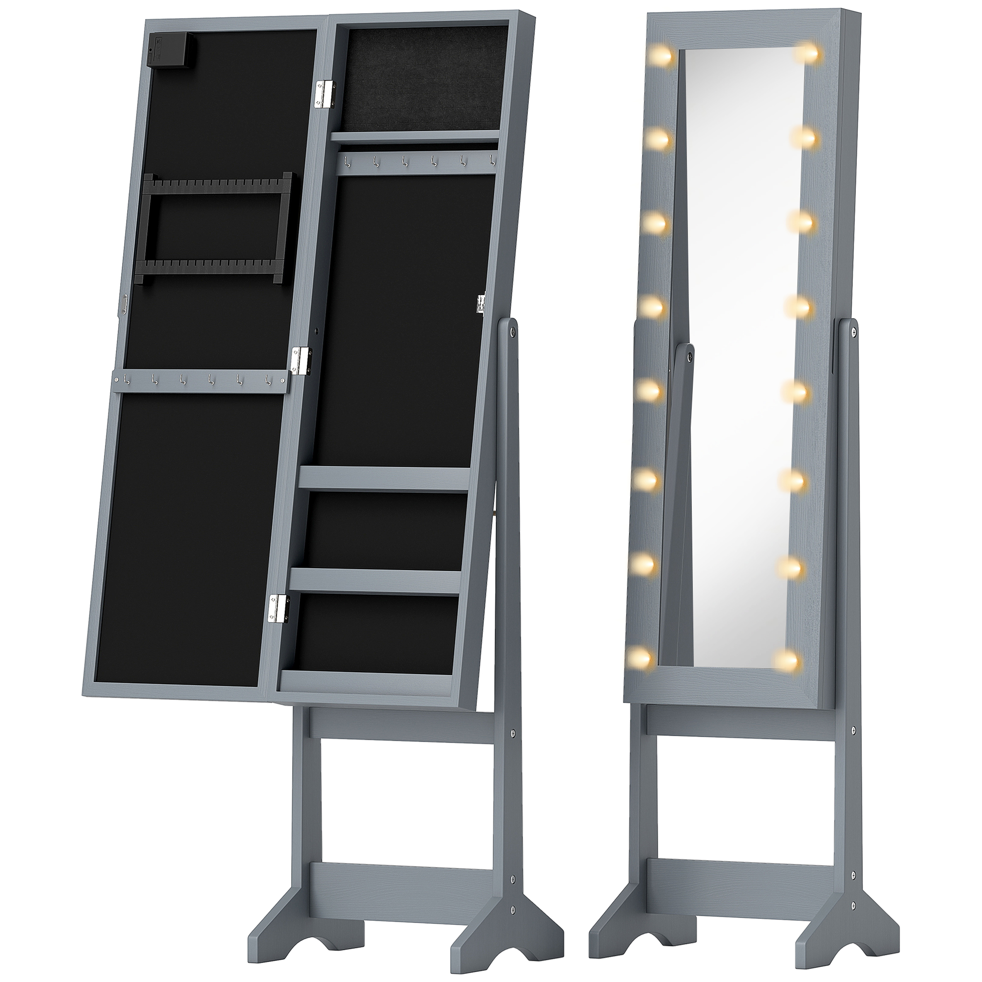 HERON Freestanding Mirror Jewelry Cabinet LED Lights Jewellery Organiser - Grey - Life Essentials