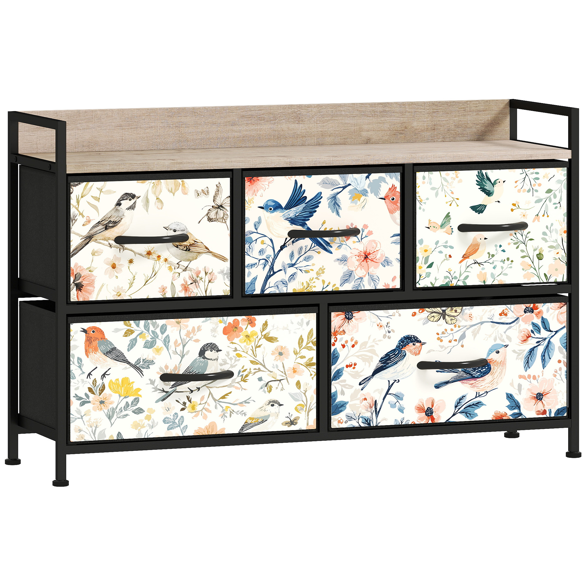 DWELVA Multi Colour Chest of Drawers - Medium-sized, 5 Drawers, Fabric Drawers - Bird Print - Life Essentials