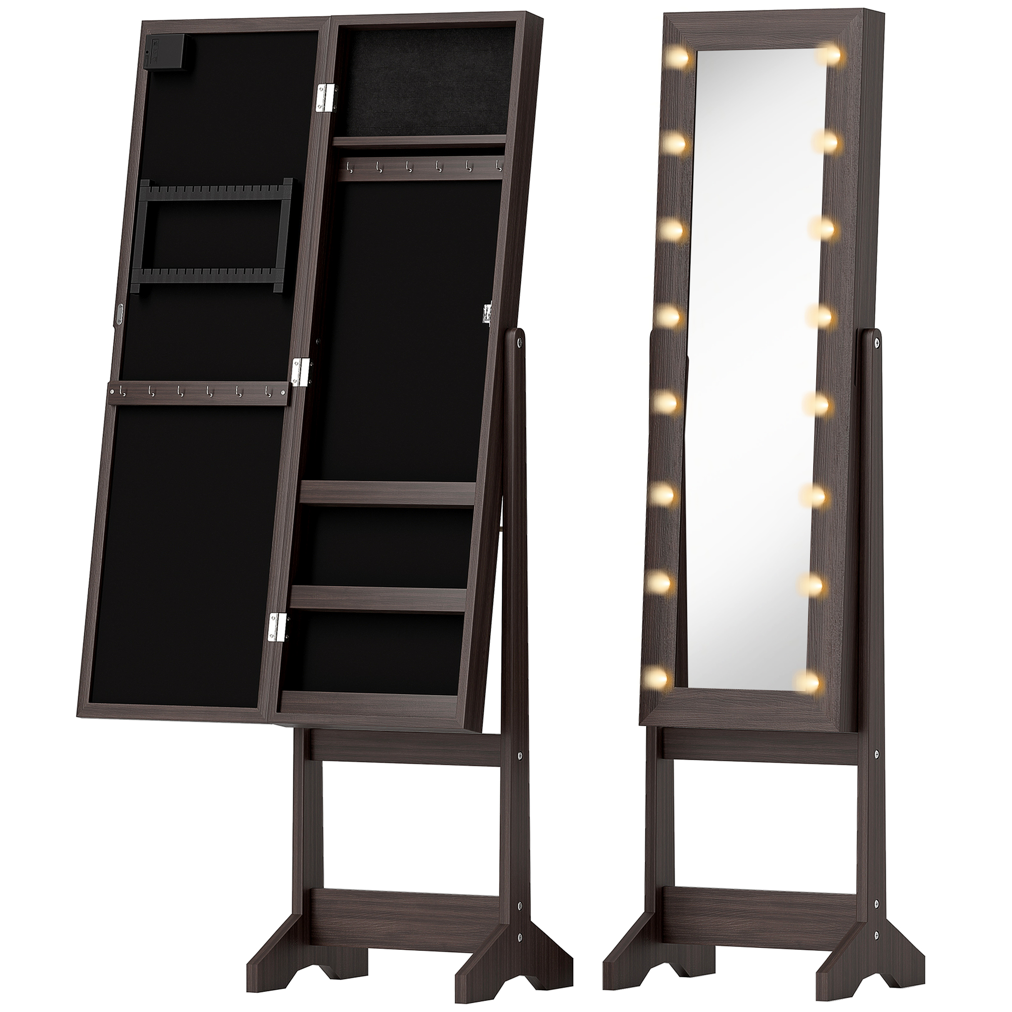 HERON Freestanding Mirror Jewelry Cabinet LED Lights Jewellery Organiser - Dark Brown - Life Essentials