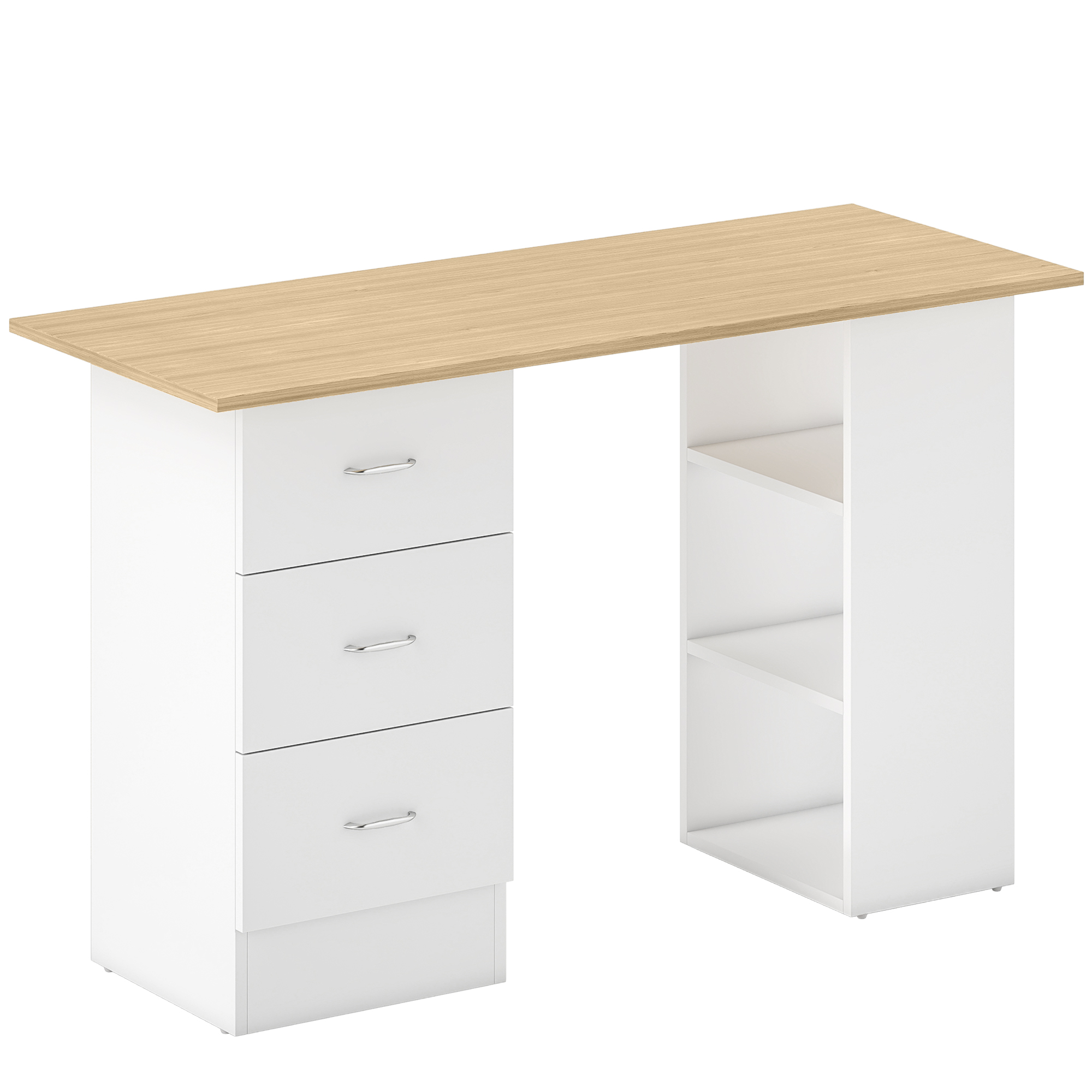 HERON Computer Desk Writing Table PC Workstation 3 Storage Shelves Drawers - Natural Wood White - Life Essentials