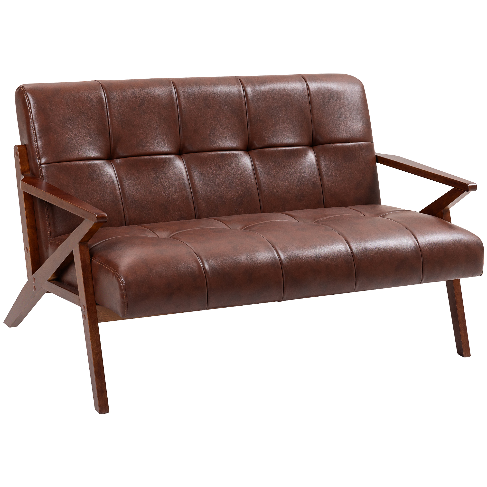 HERON Compact 2 Seater Sofa Vintage Tufted Loveseat Solid Wood Legs - Brown - Life Essentials