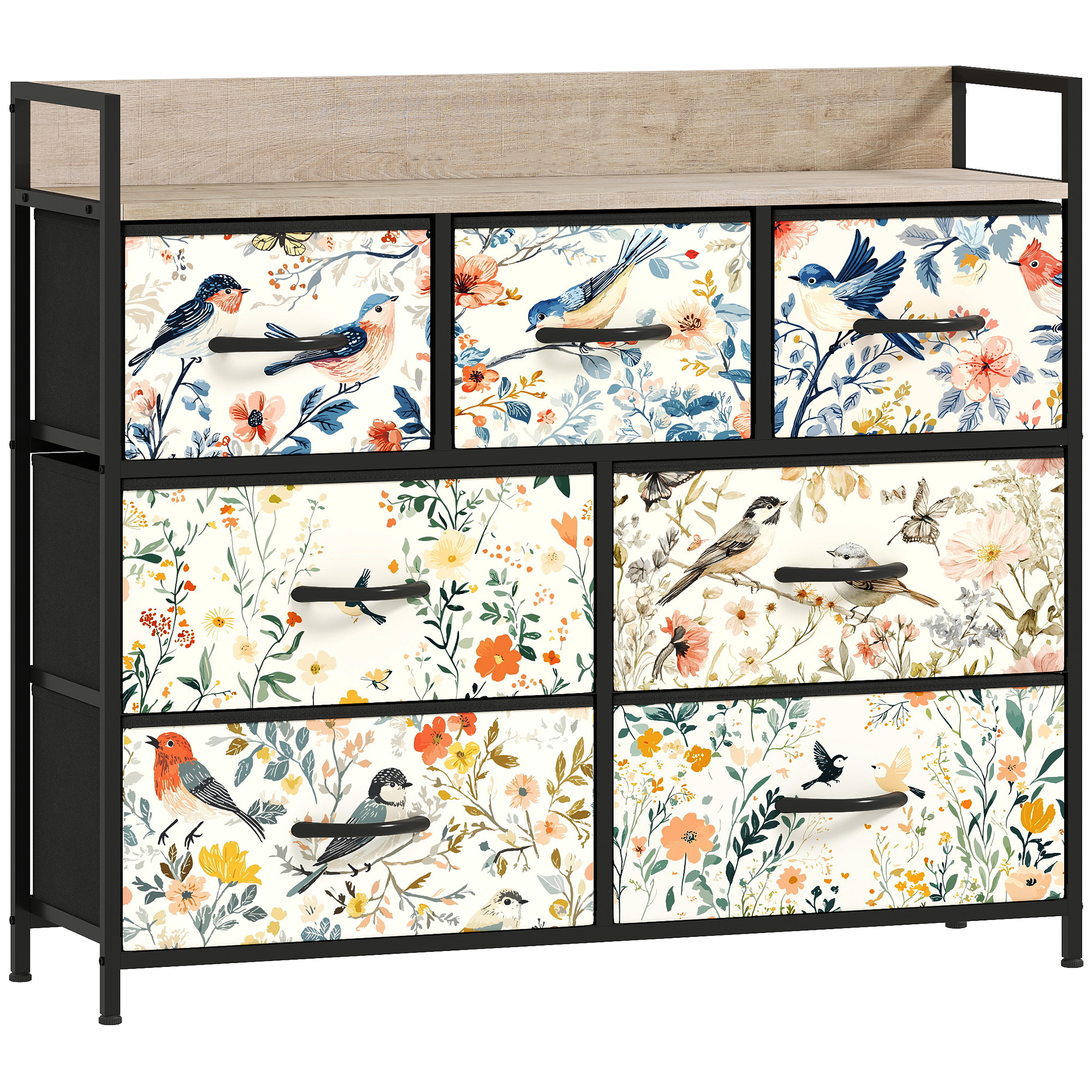 DWELVA Multi Colour Chest of Drawers - Medium-sized, 7 Drawers, Fabric Drawers - Bird Print - Life Essentials