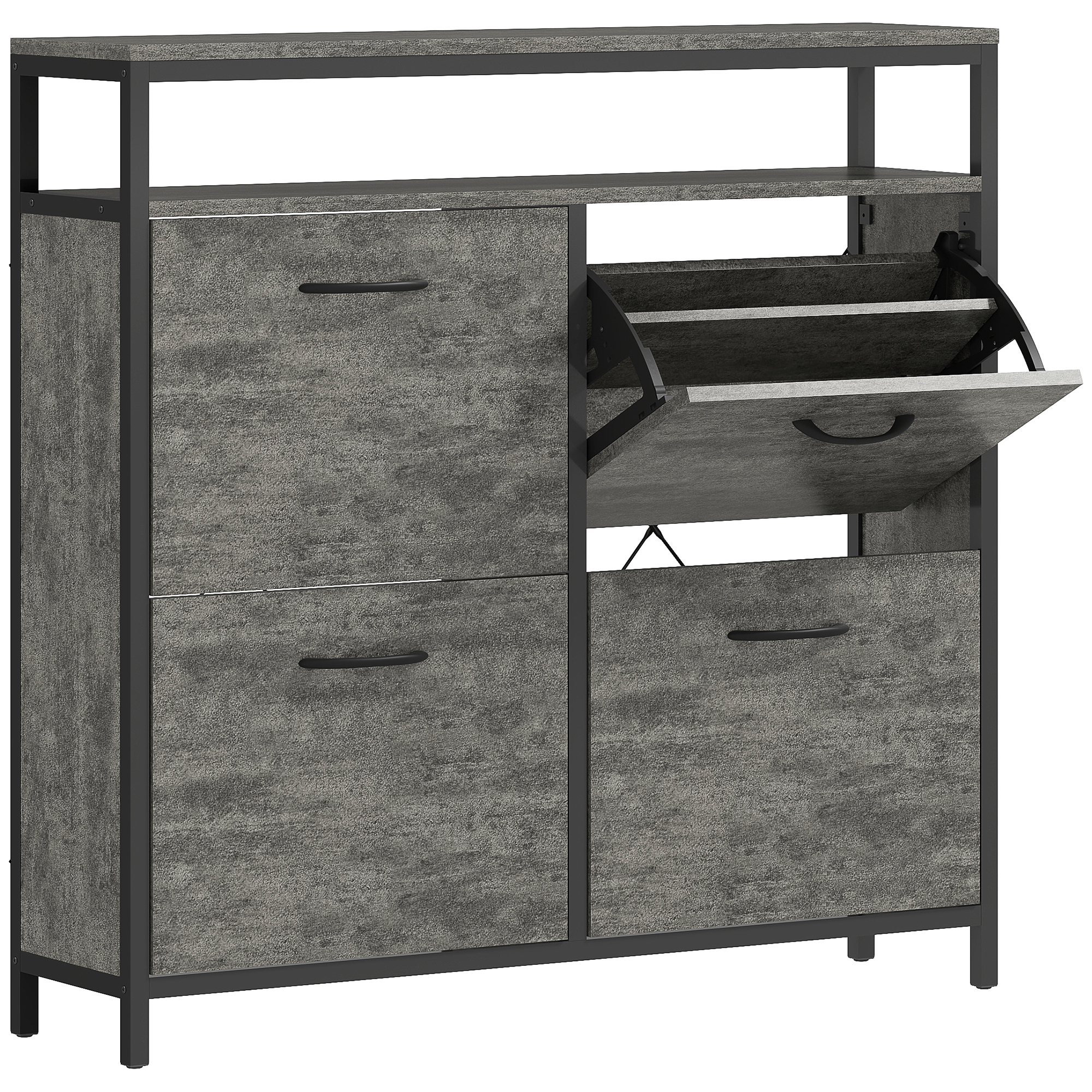 FOOSTRA 4 Drawer Shoe Storage Cabinet Flip Doors Open Shelf - Cement Grey - Life Essentials