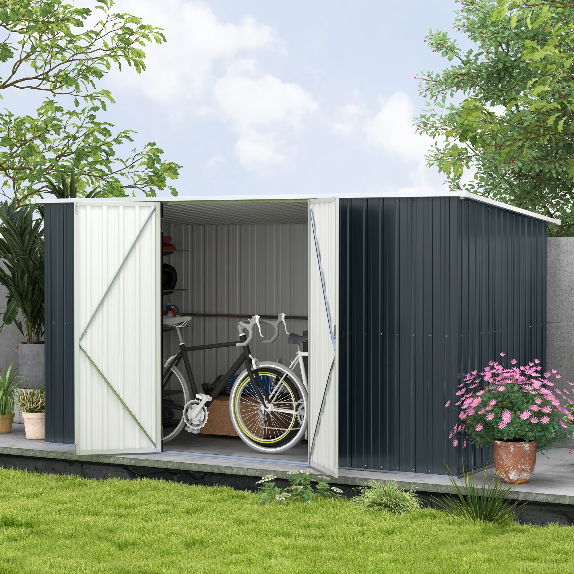 SUNVISTA 11x5.6ft Galvanised Steel Garden Shed Lockable Doors - Grey - Life Essentials