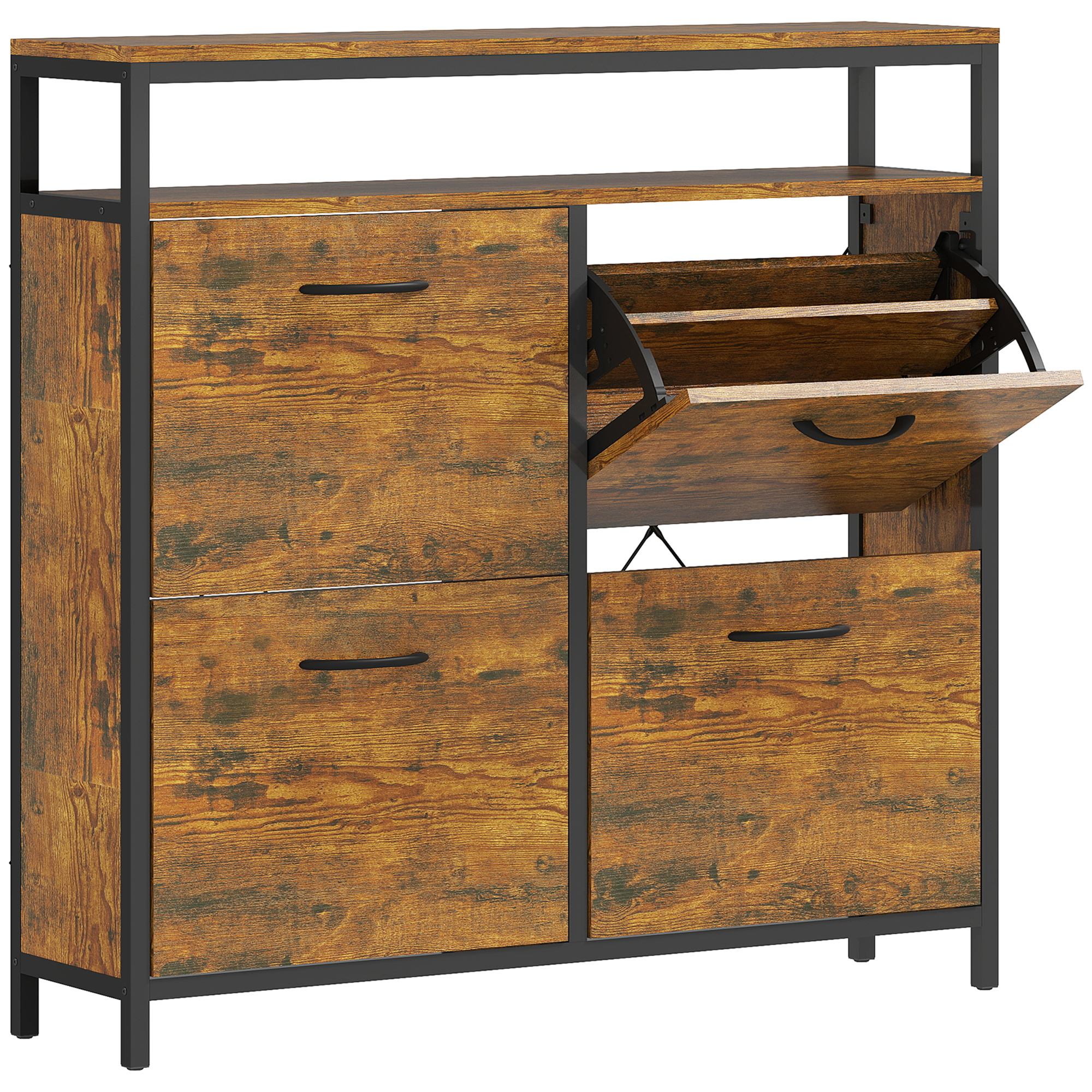 FOOSTRA 4 Drawer Shoe Storage Cabinet Flip Doors Open Shelf - Rustic Brown - Life Essentials
