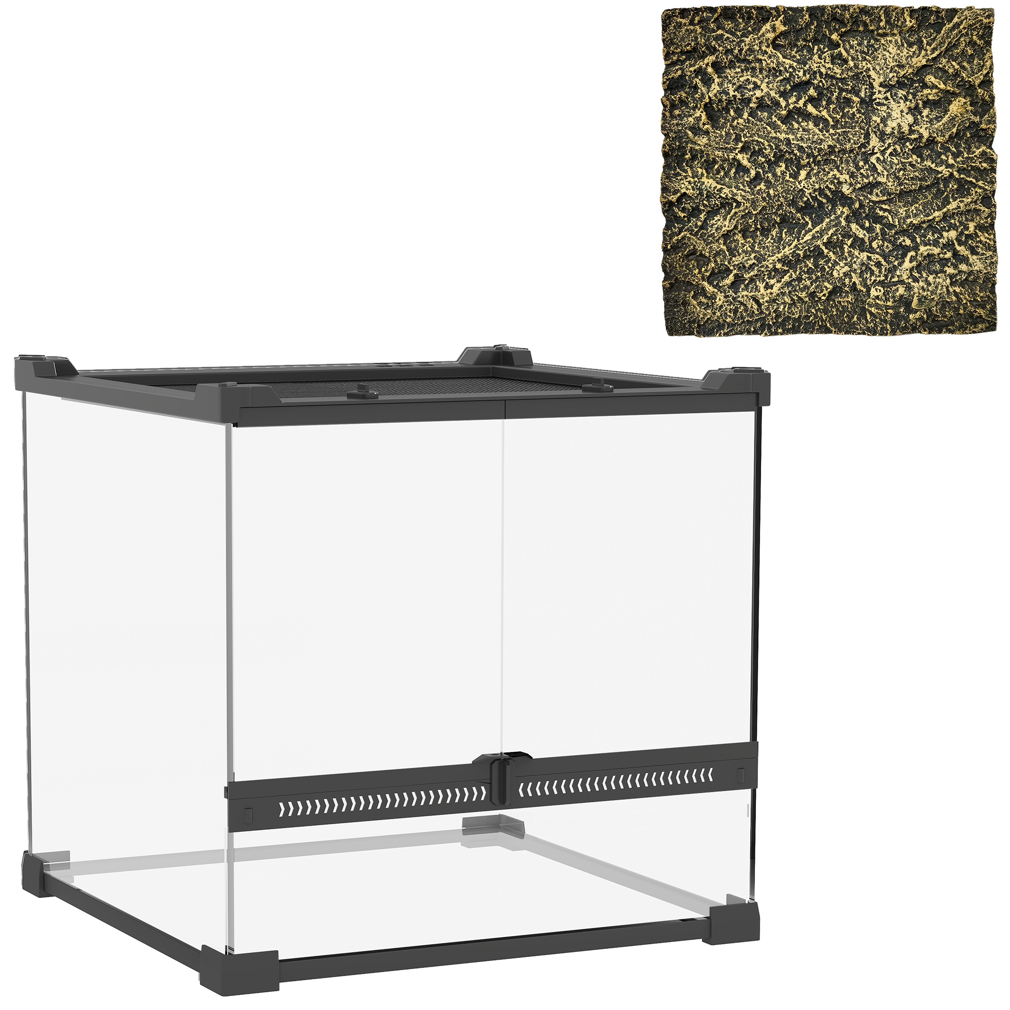 PAWSTER Reptile Glass Terrarium with Stone Background Escape Proof Knob Lock 30 x 30 x 30 cm - Black - Life Essentials