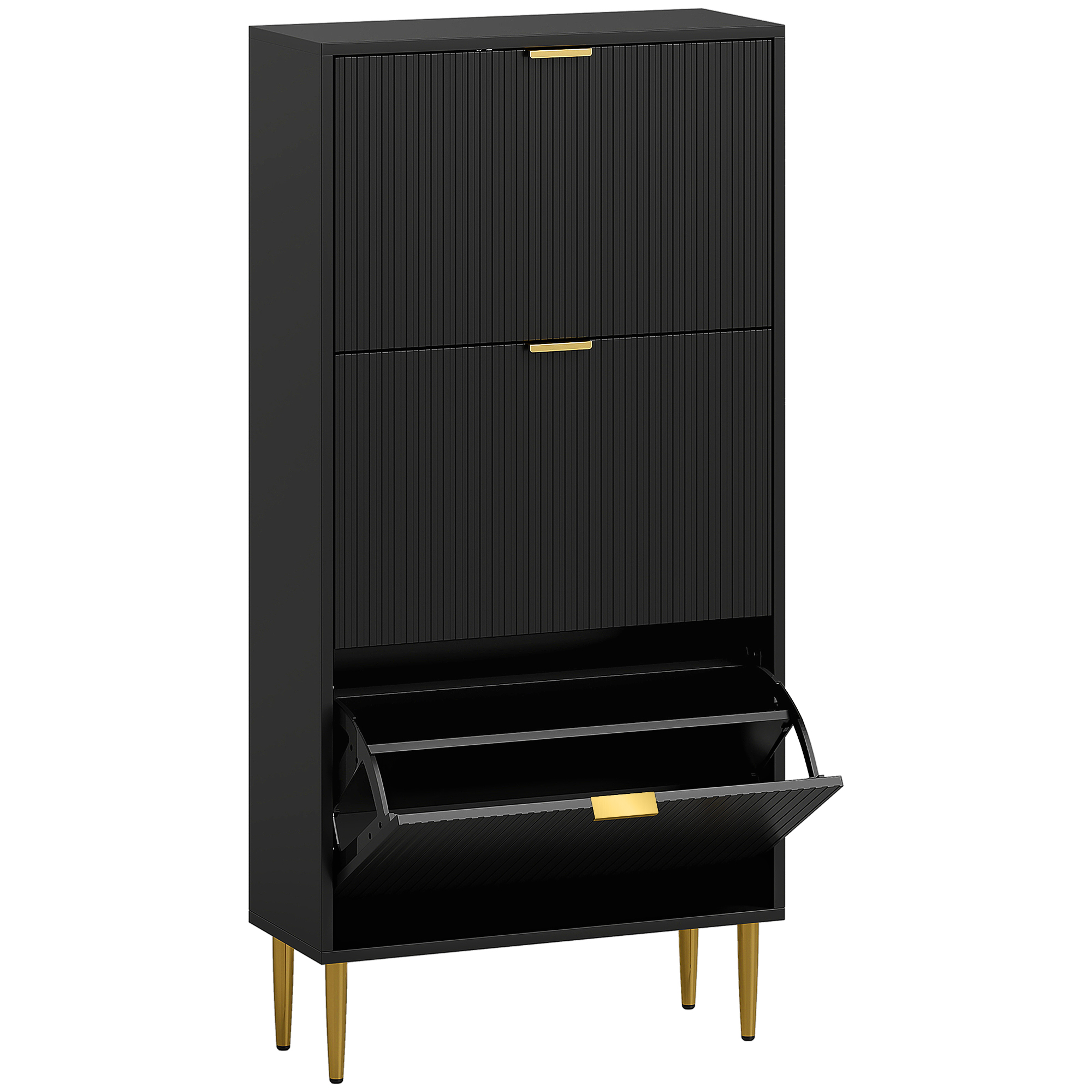 STASHOE 3 Drawer Tallboy Narrow Shoe Cabinet Flip Doors - Black - Life Essentials