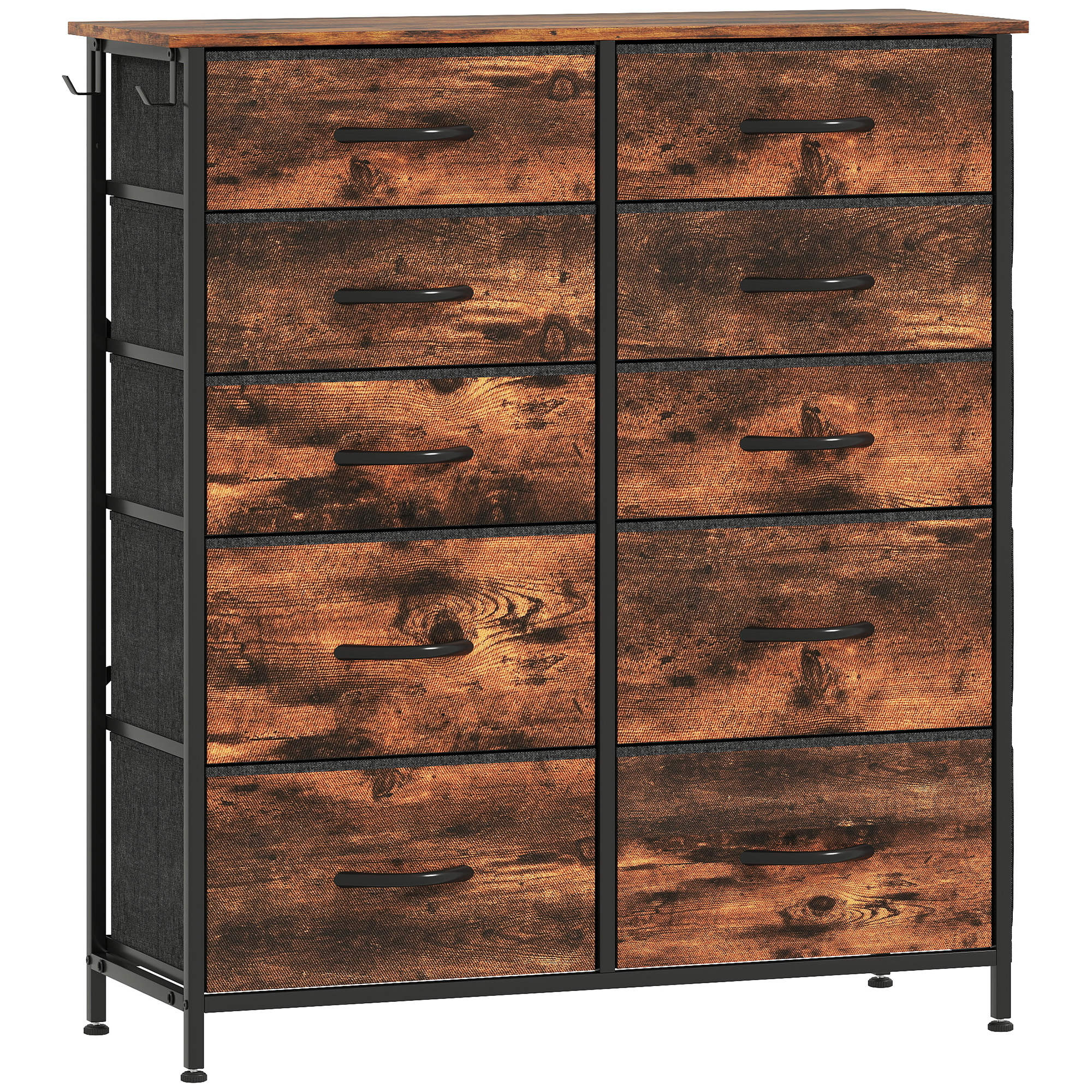 STOWLY Oak Finish Chest of Drawers - Medium-sized, 10 Drawers, Double, Fabric Drawers - Life Essentials