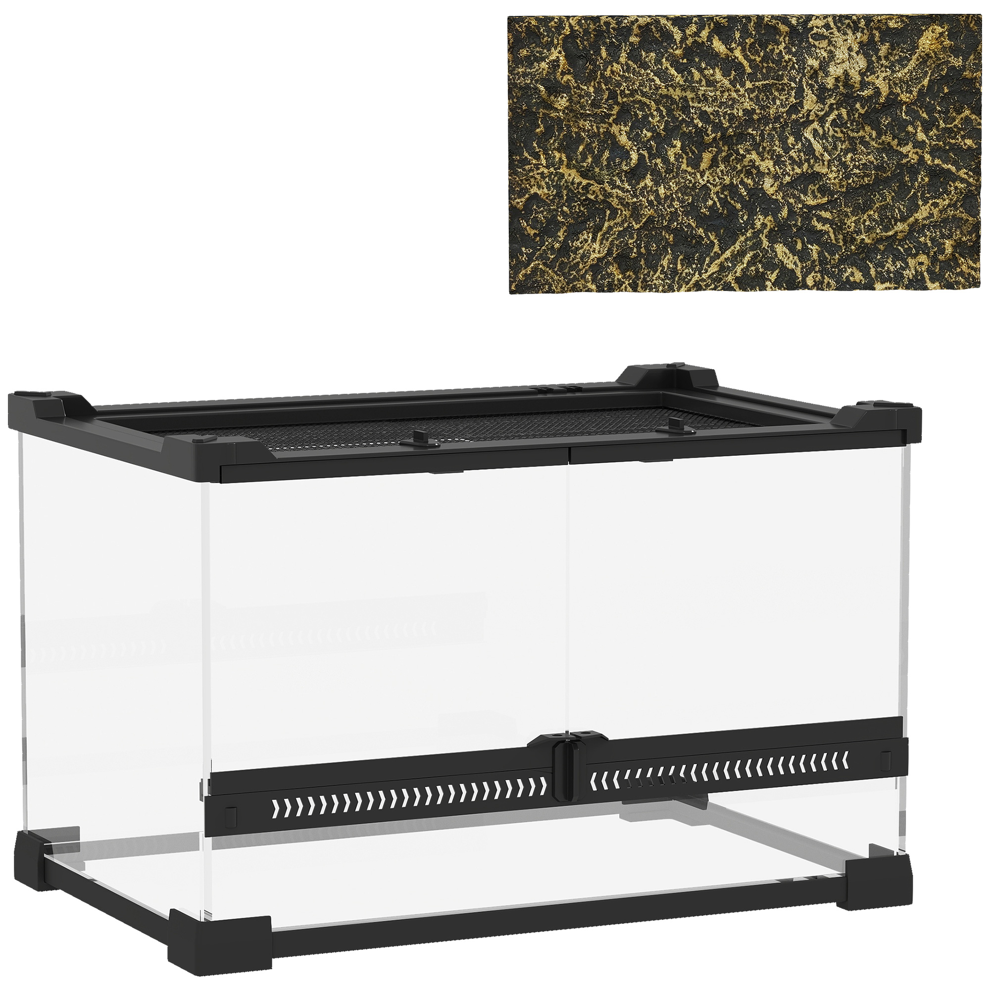 PAWSTER Reptile Glass Terrarium with Stone Background Escape Proof Knob Lock 30 x 20 x 20 cm - Black - Life Essentials
