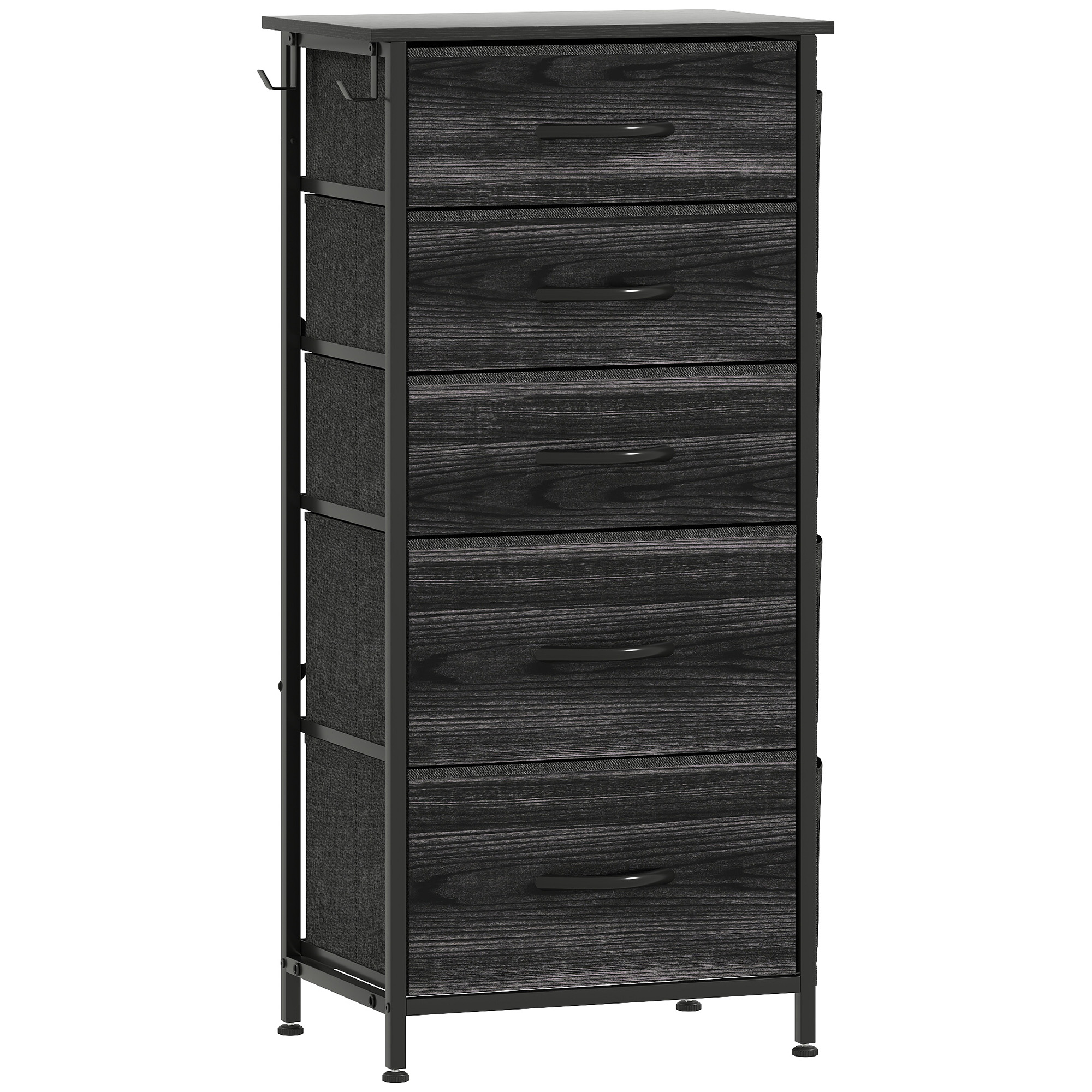 STOWLY Black Chest of Drawers - Tallboy, Medium-sized, 5 Drawers, Fabric Drawers - Life Essentials
