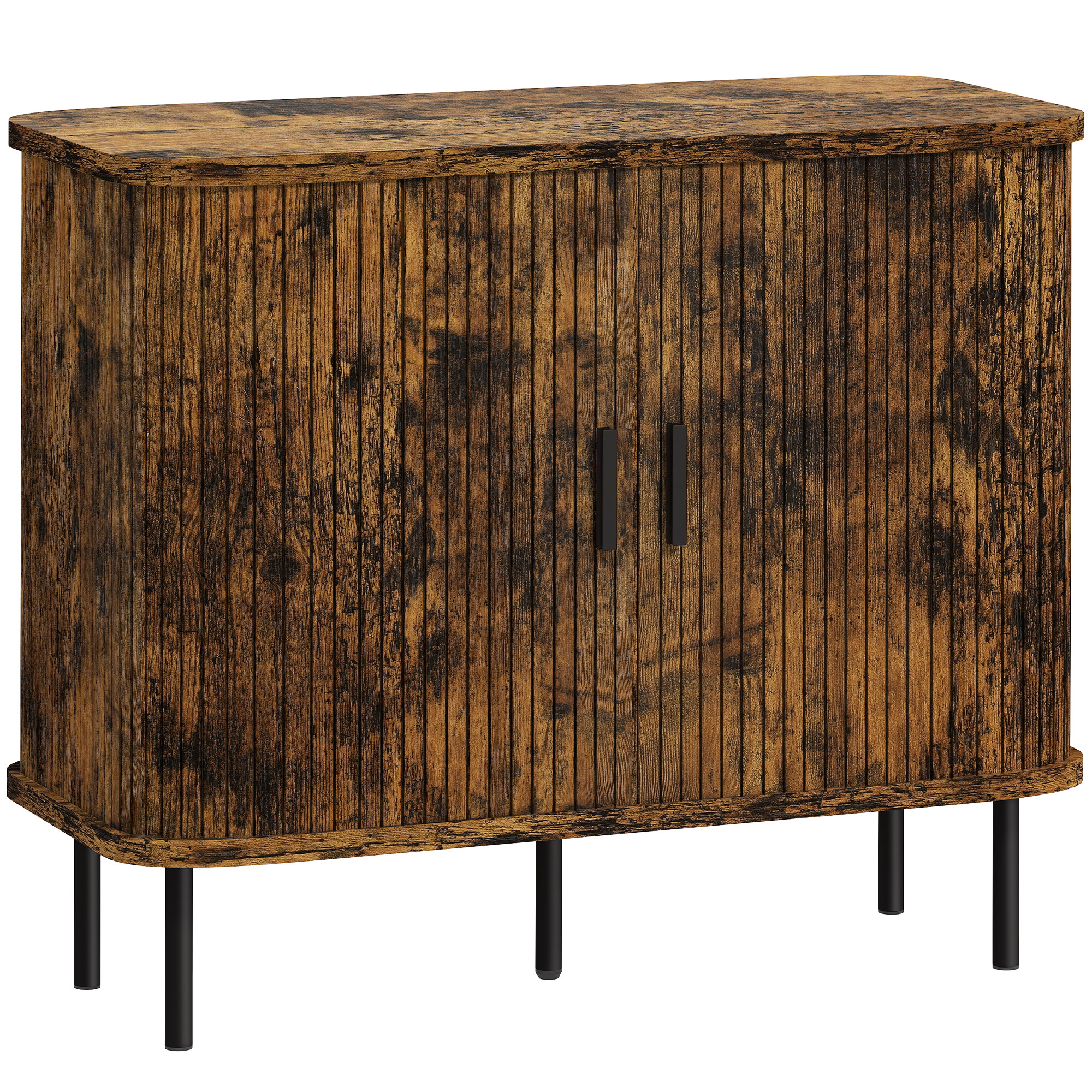 HERON Mid Century Modern Sideboard Slatted Tambour Sliding Doors Steel Legs - Rustic Brown - Life Essentials