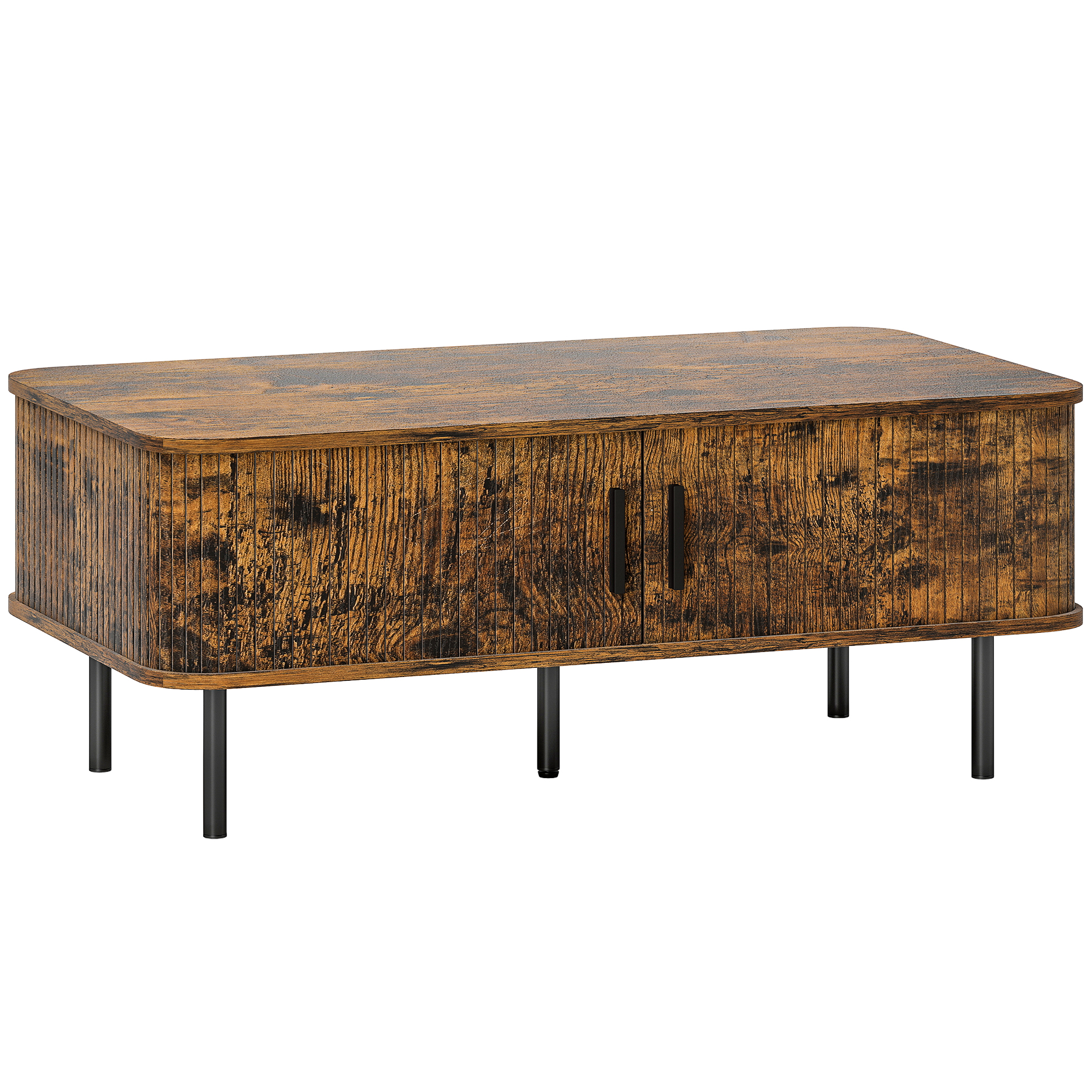 HERON Coffee Table with Storage Slatted Tambour Sliding Doors Foot Pads - Rustic Brown
