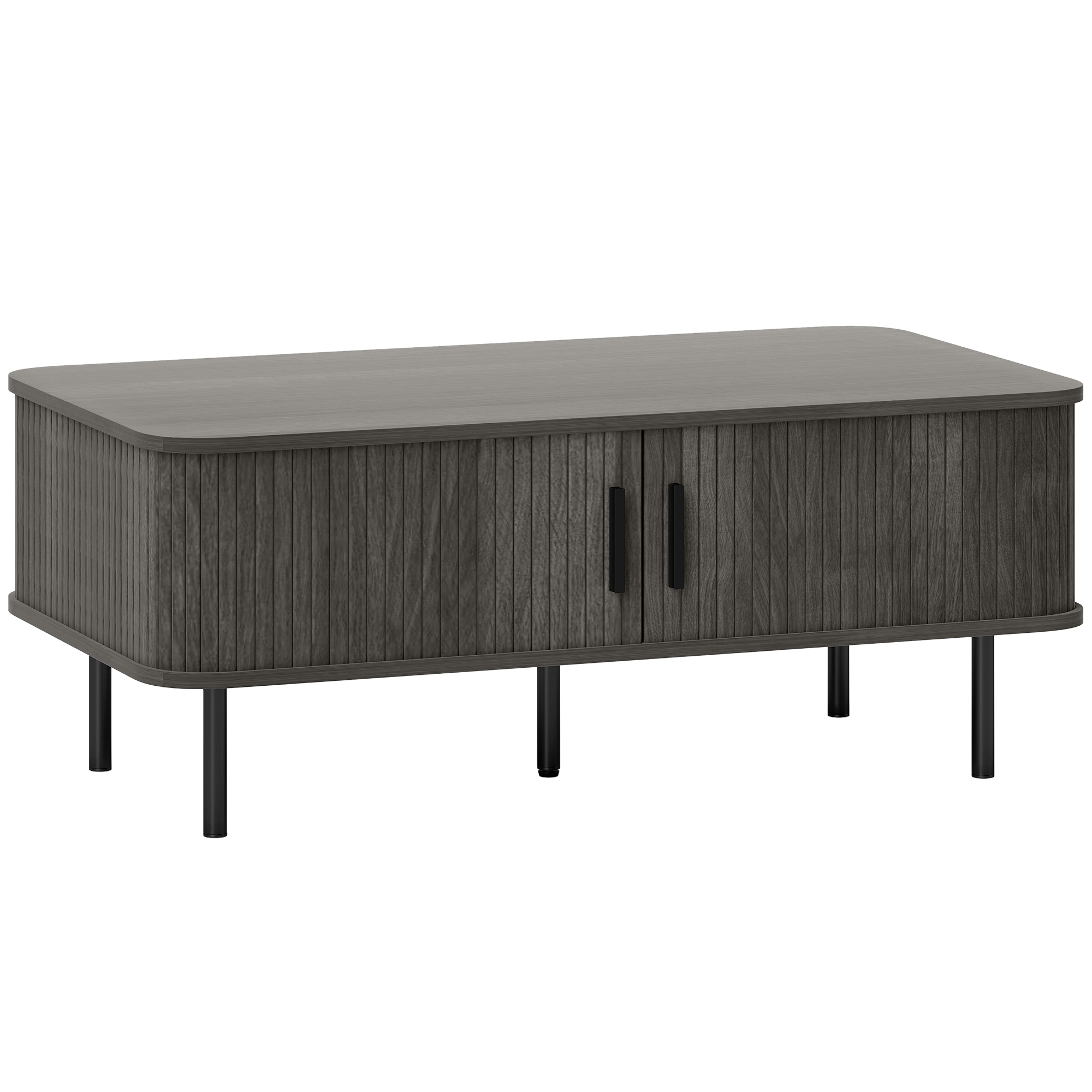 HERON Coffee Table with Storage Slatted Tambour Sliding Doors Foot Pads - Grey Wood Effect - Life Essentials