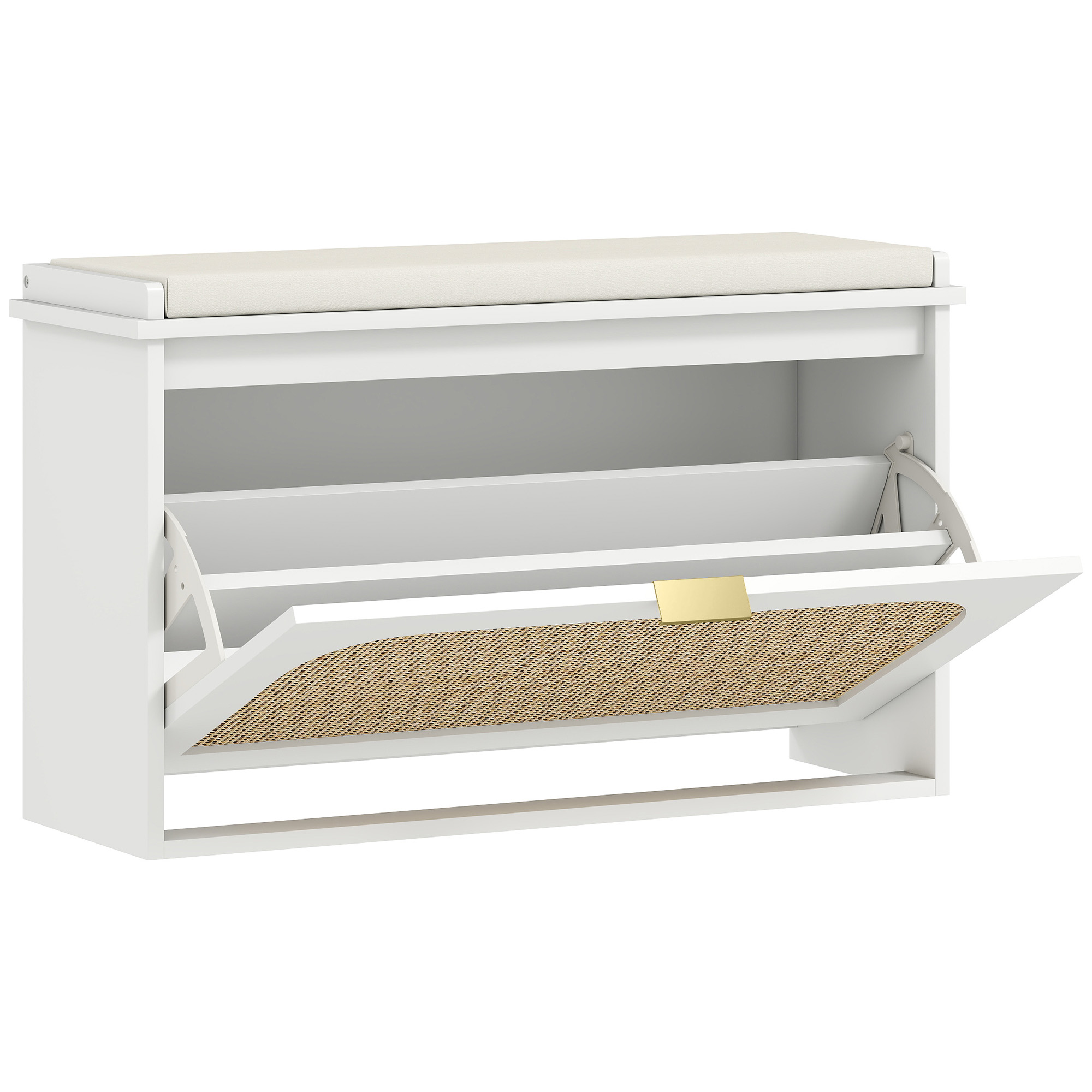 KICKSY Rattan Shoe Bench Padded Seat Flip Drawer - White - Life Essentials