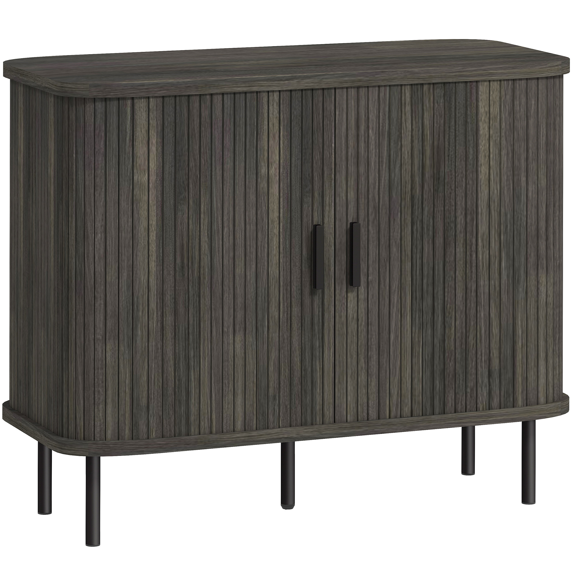 HERON Mid Century Modern Sideboard Slatted Tambour Sliding Doors Steel Legs - Grey - Life Essentials
