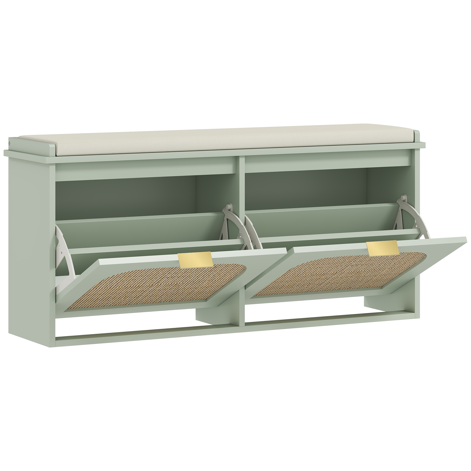 KICKSY Rattan Shoe Bench Padded Seat 2 Flip Drawers - Light Green - Life Essentials