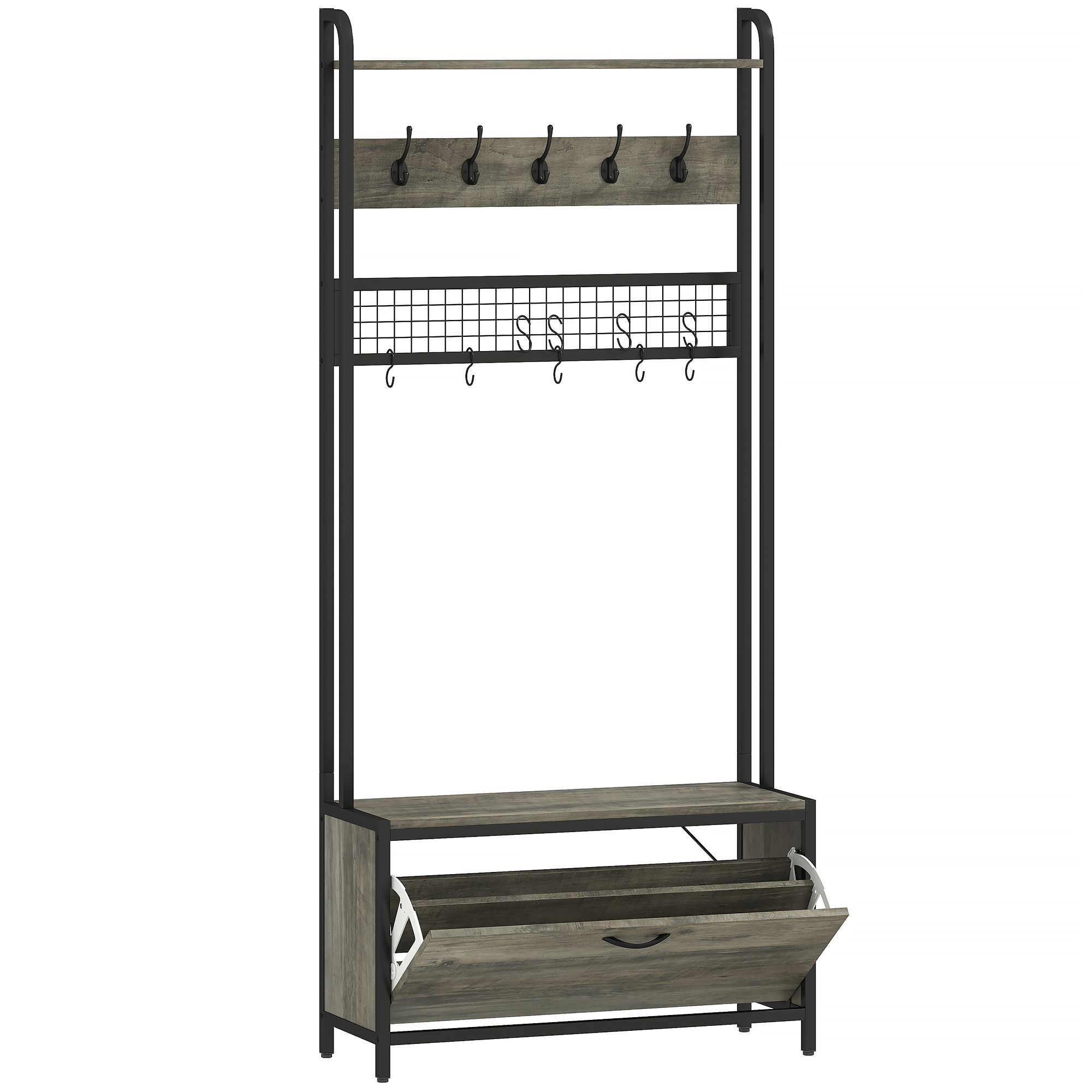 HERON 5 In 1 Industrial Style Hallway Tree - Grey Black - Life Essentials