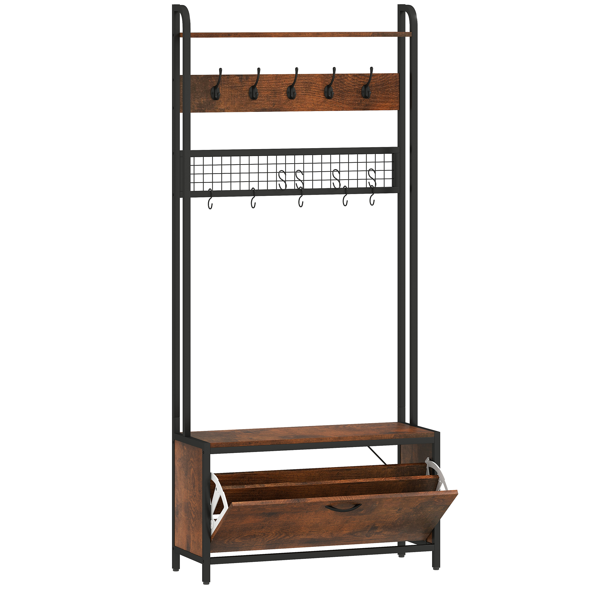 HERON 5 In 1 Industrial Style Hallway Tree - Brown Black - Life Essentials