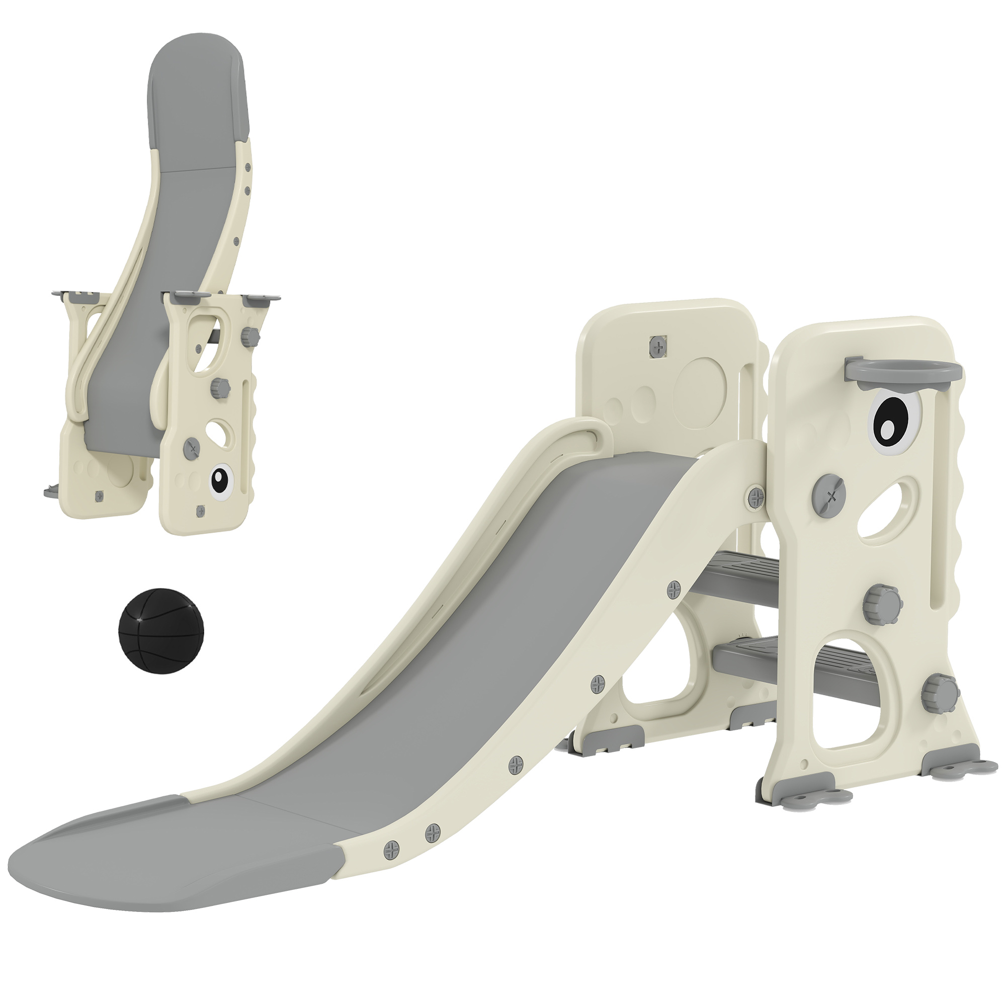 AIVAGO 3 in 1 Kids Slide with Climber & Basketball Hoop Foldable - Cream White