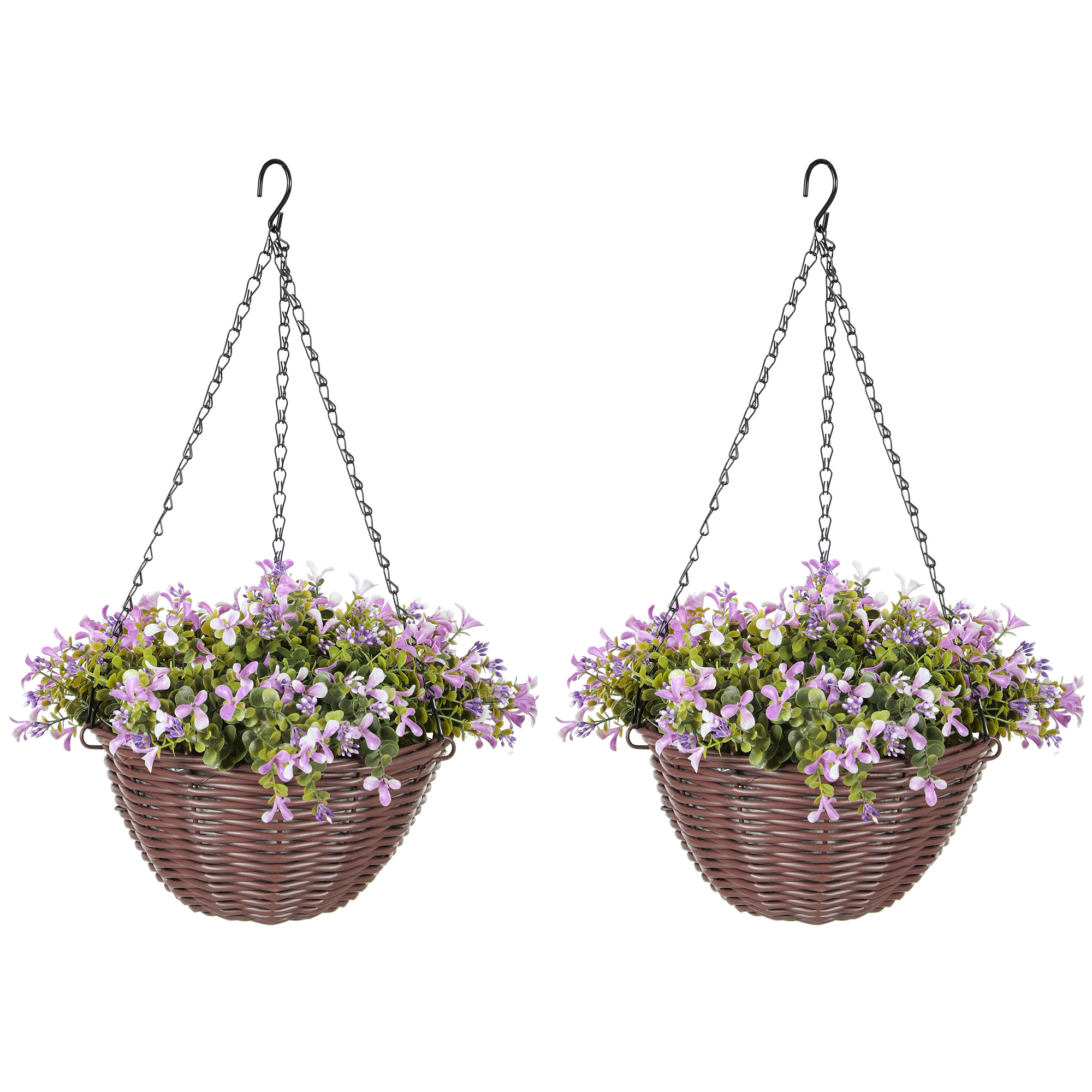 HERON Artificial Flowers in Basket Set of 2 Hanging Baskets 75 Leaves - Purple - Life Essentials