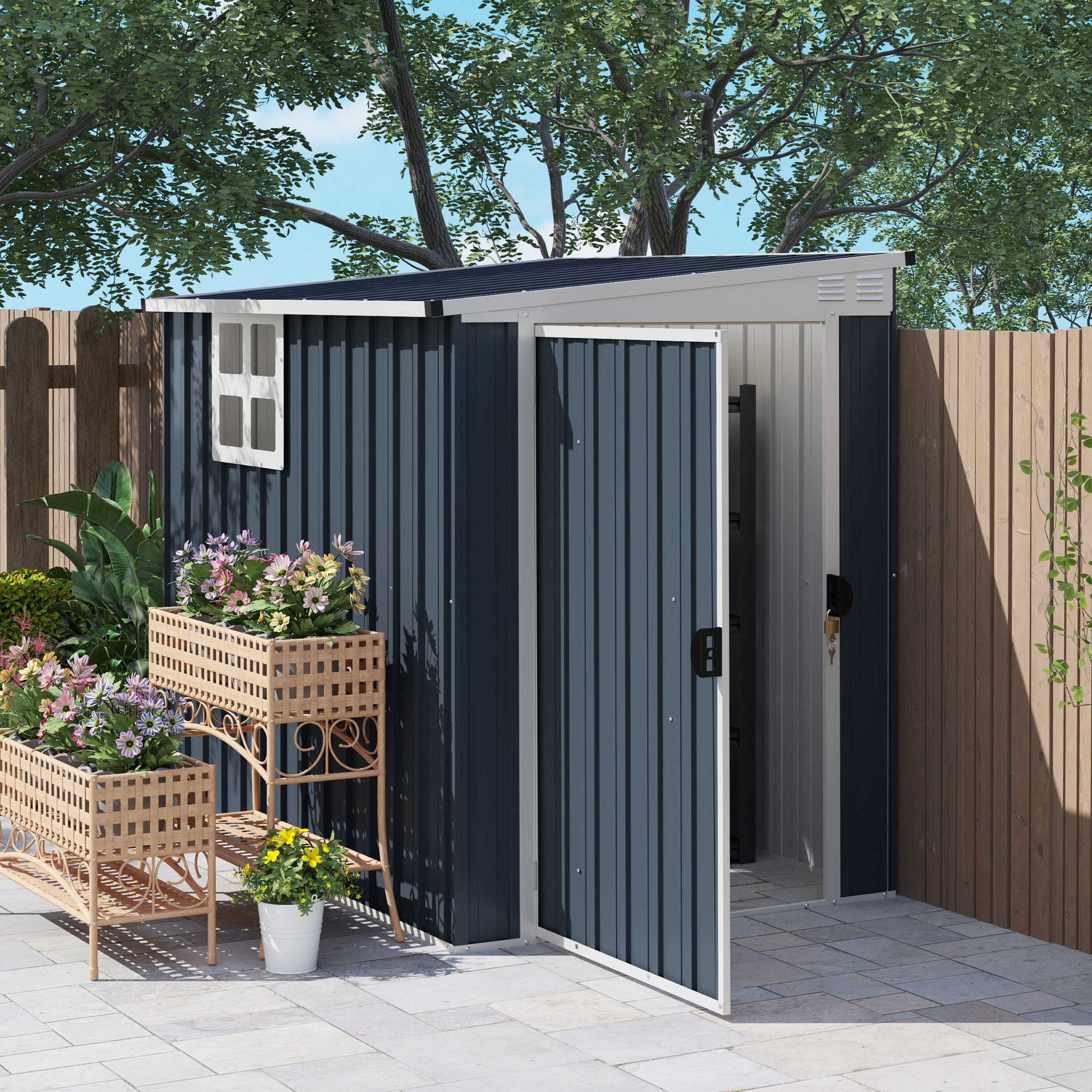 OSTREL 6ft Garden Shed Galvanised Steel Outdoor Storage Shed with Window - Grey - Life Essentials