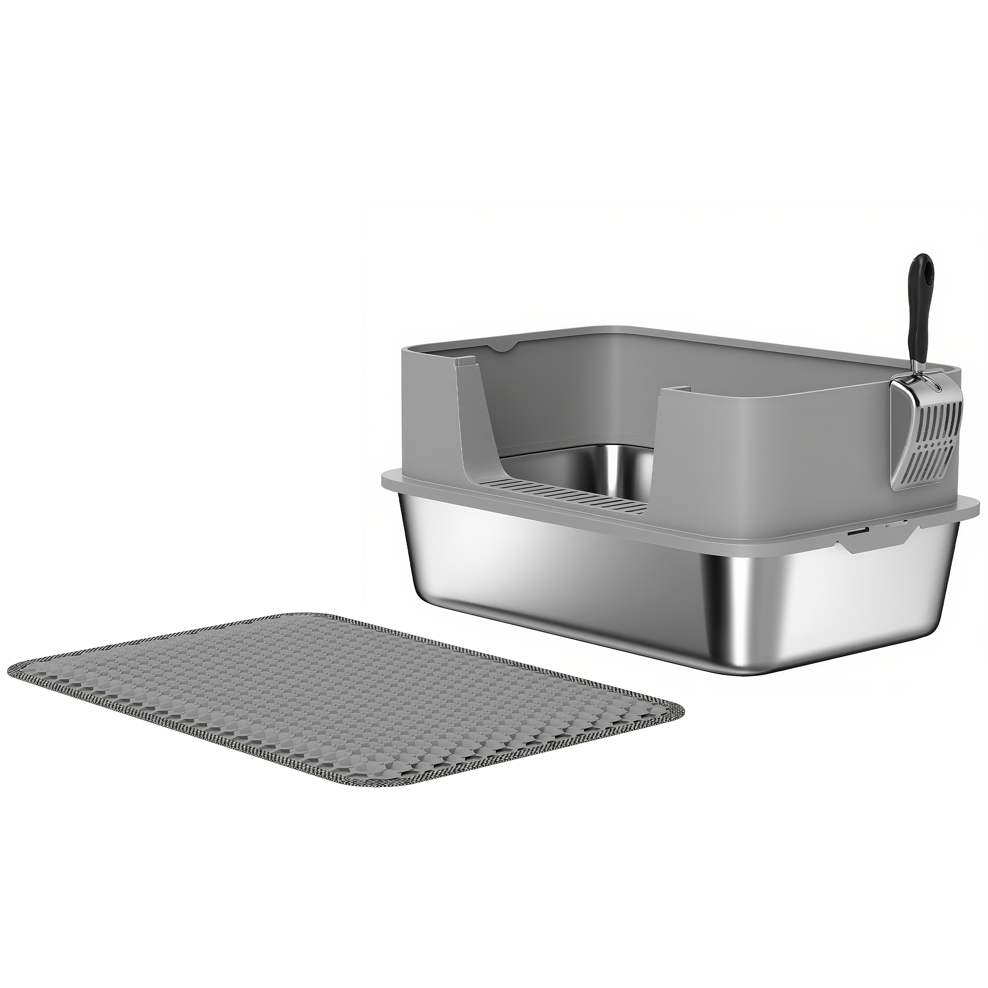 PAWSTER High Sided Stainless Steel Litter Box Metal Tray Scoop Litter Mat - Grey - Life Essentials