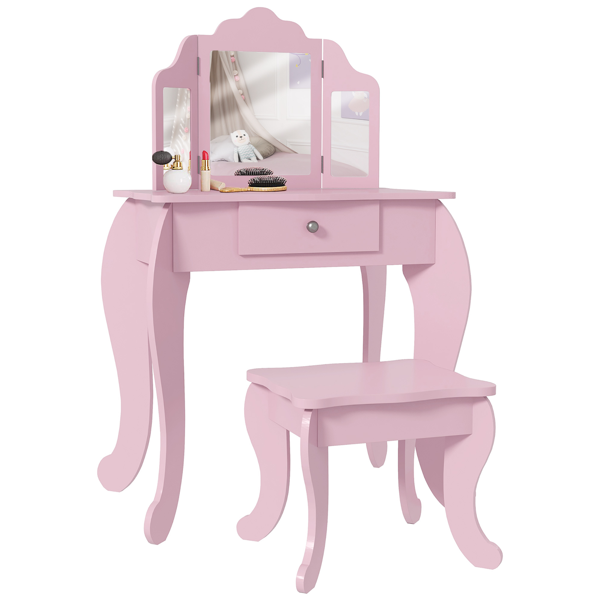 CLENHAM Kids Vanity Table with Tri Folding Mirror and Stool - Pink - Life Essentials