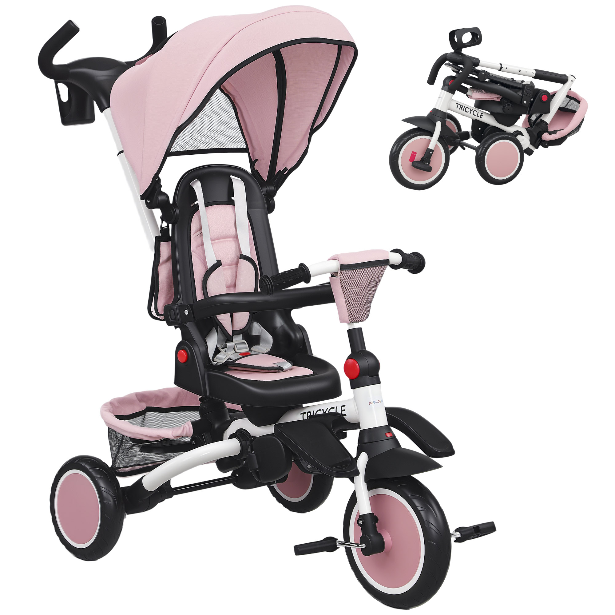 AIVAGO 6-in-1 Foldable Kids Trike with Parent Handle & Canopy, Ages 1-5 - Pink - Life Essentials