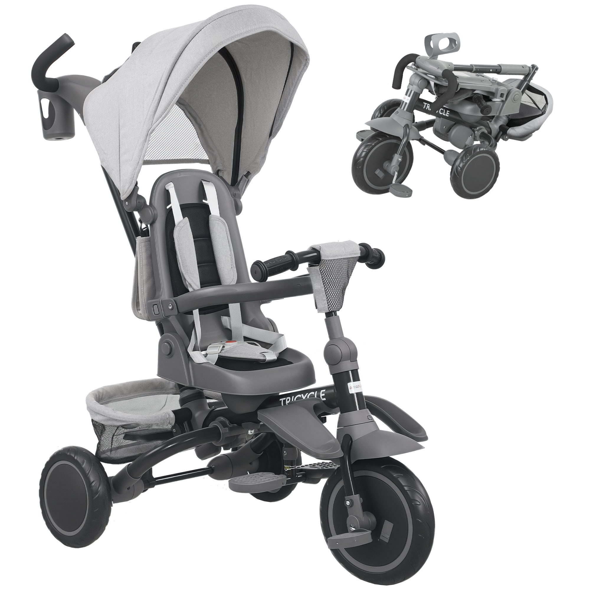 AIVAGO 6-in-1 Foldable Kids Trike with Parent Handle & Canopy, Ages 1-5 - Grey - Life Essentials