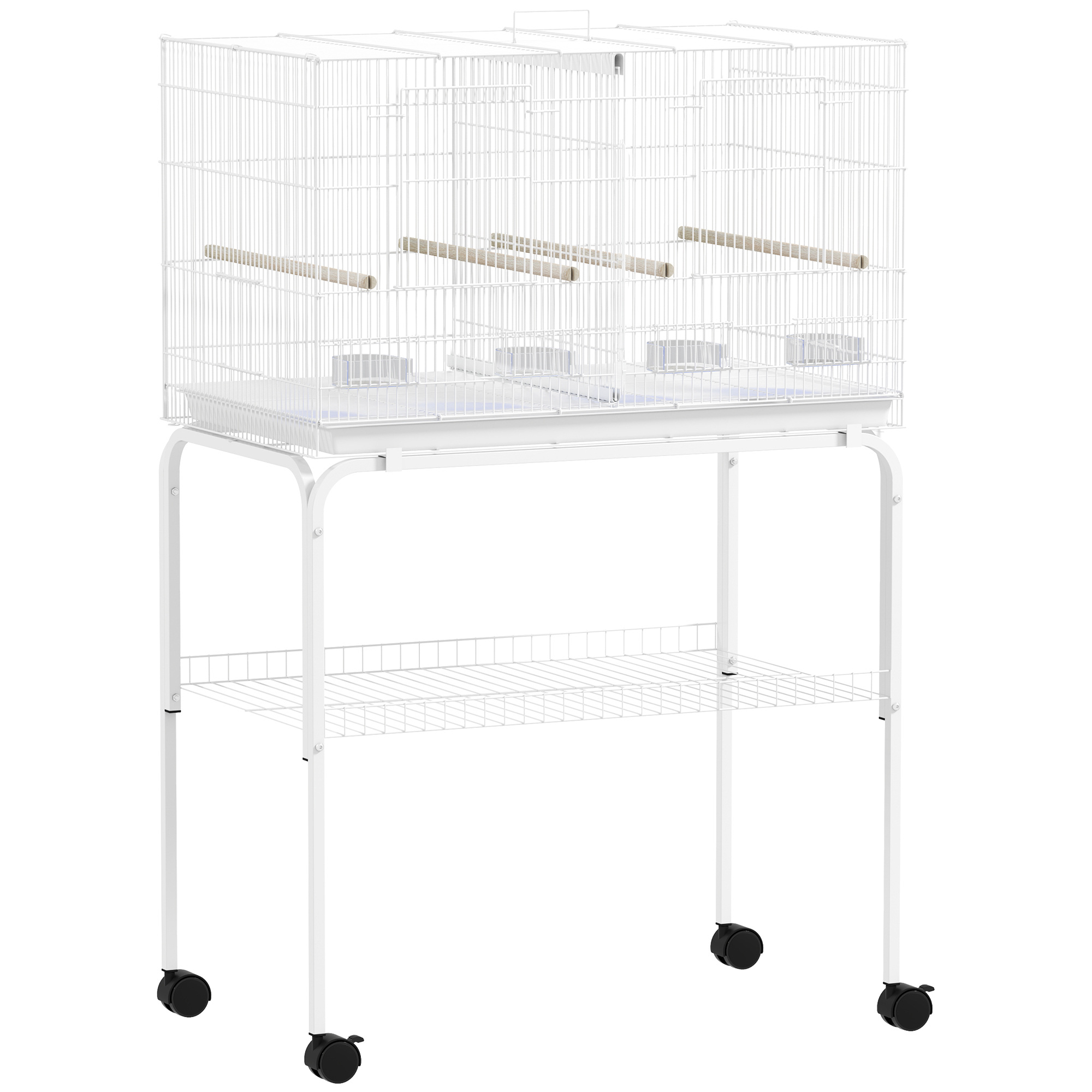 PAWSTER Bird Cage with Divider 4 Wood Perches Slide Out Tray 4 Feeders 76 x 46 x 116cm - White - Life Essentials