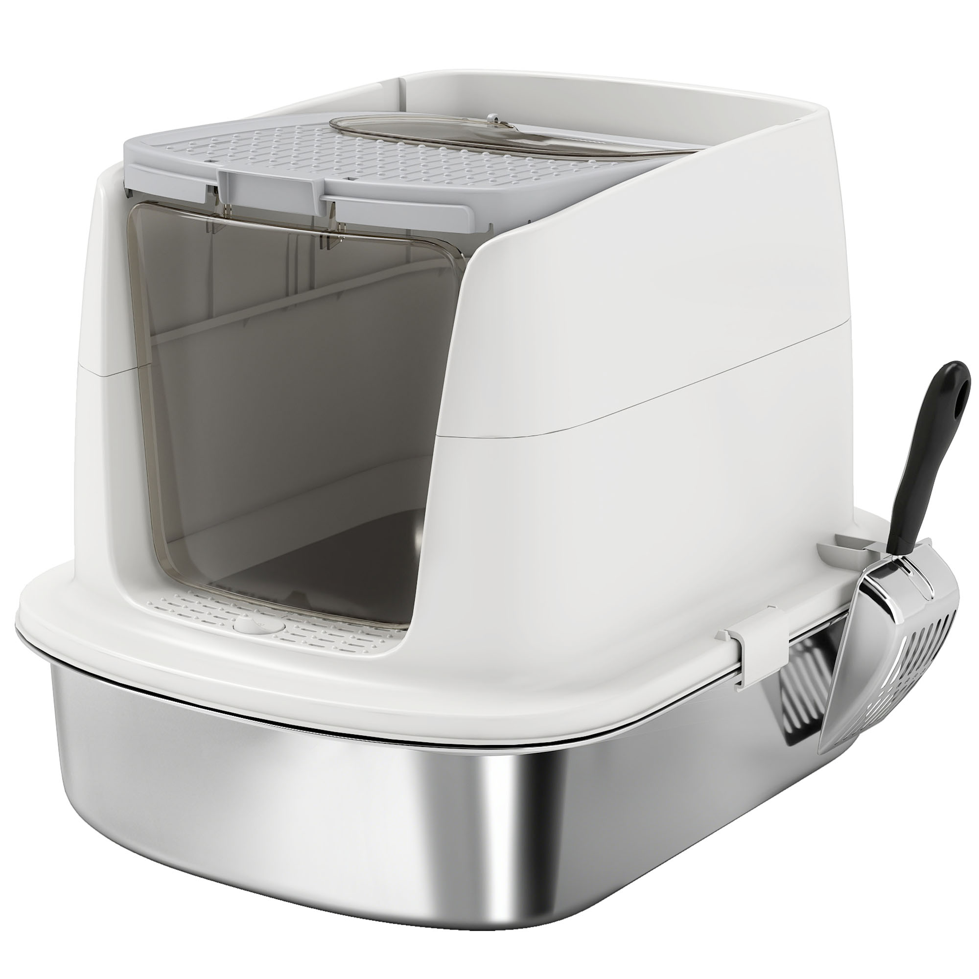 PAWSTER Large Stainless Steel Litter Box Enclosed Metal Tray Scoop Deodoriser - White - Life Essentials