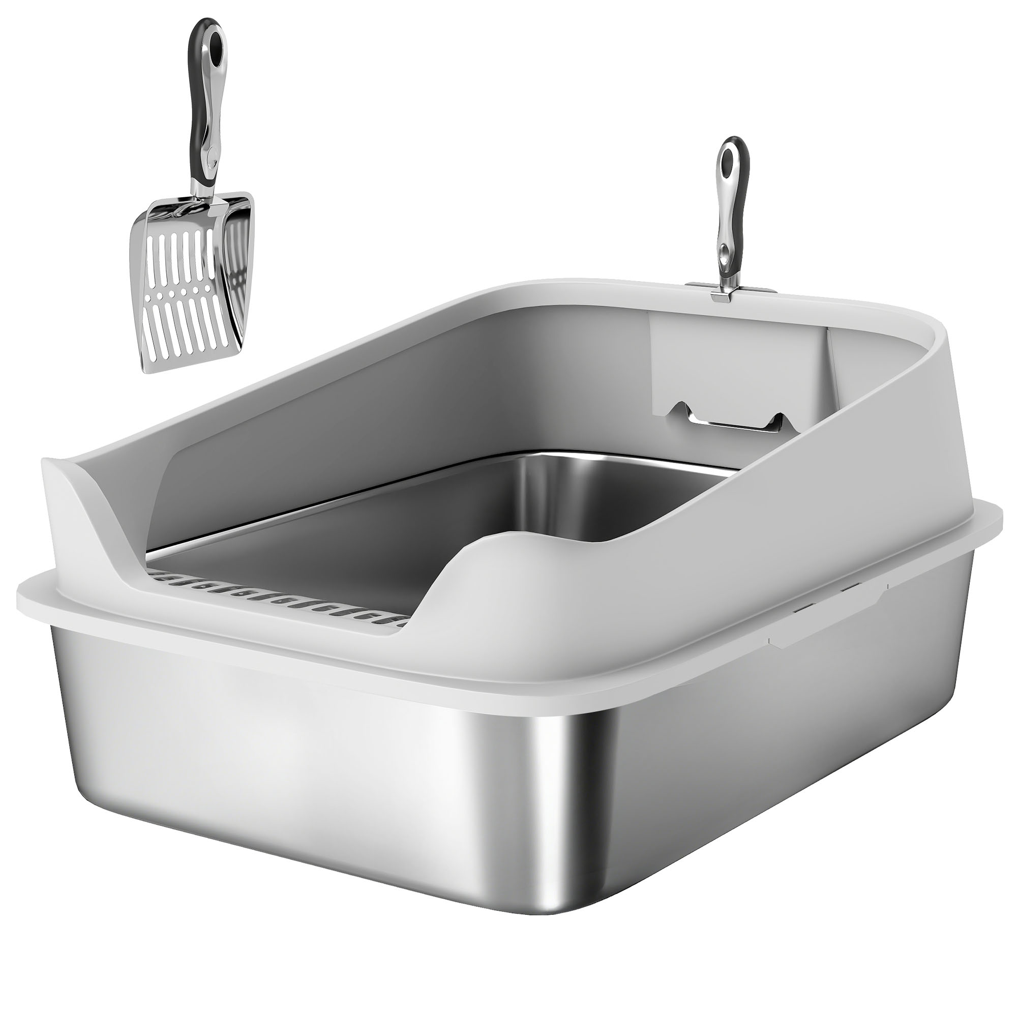 PAWSTER XXL Stainless Steel Cat Litter Box High Sides Metal Scoop - Grey - Life Essentials