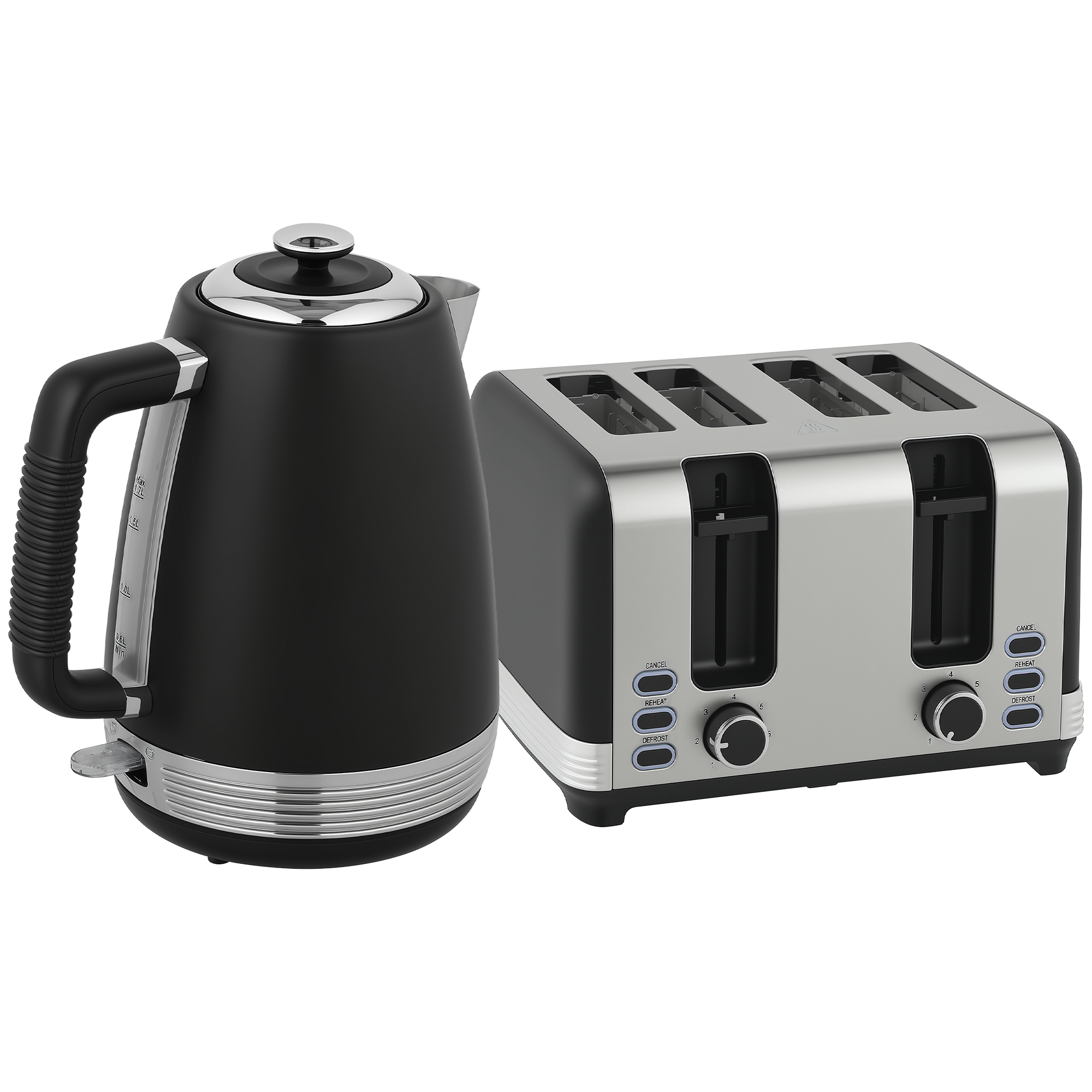 HERON Stainless Steel Kettle Toaster Set 1.7L 3000W Rapid Boil UK Strix - Black Silver - Life Essentials