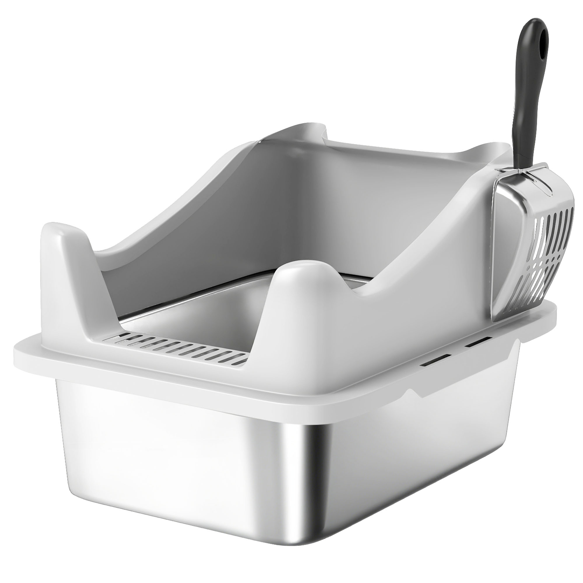 PAWSTER Stainless Steel Cat Litter Box with High Sides Metal Scoop - Grey - Life Essentials